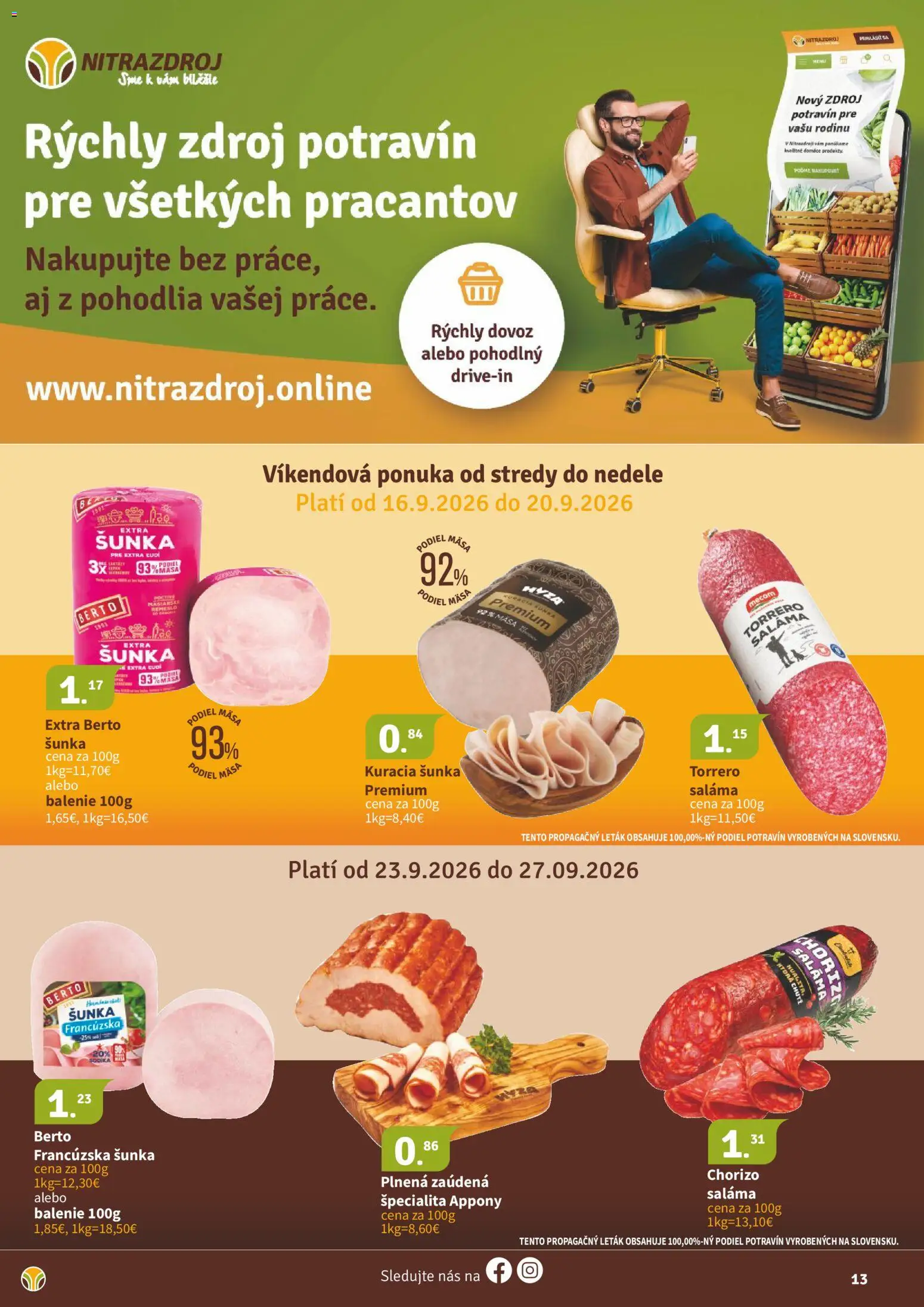 Nové Nitrazdroj akcie – leták je platný od 18.09.2026 | Strana: 13 | Produkty: Saláma, Šunka, Kuracia šunka