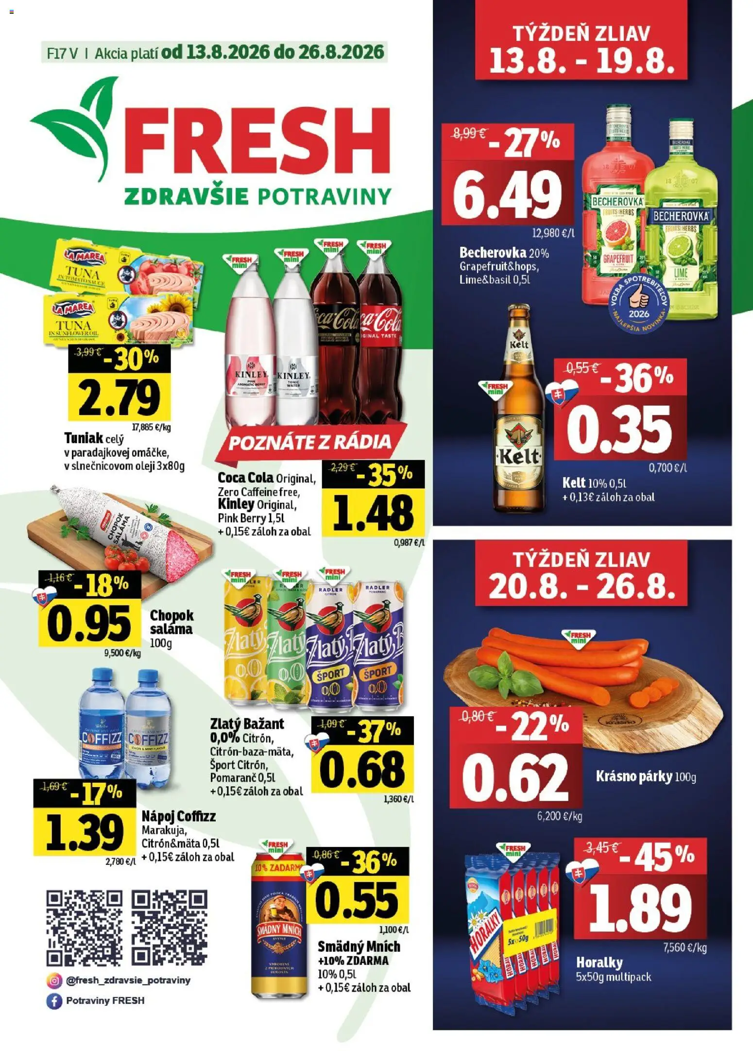 Nové Fresh akcie – leták je platný od 13.08.2026 | Strana: 1 | Produkty: Saláma, Kelt, Coca cola, Horálky
