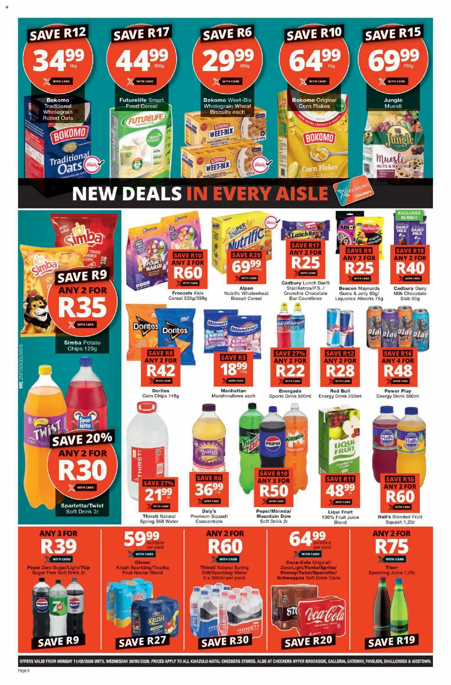 New Checkers catalogue – valid from 11.05.2026 | Page: 8 | Products: Chips, Flakes, Water, Fruit