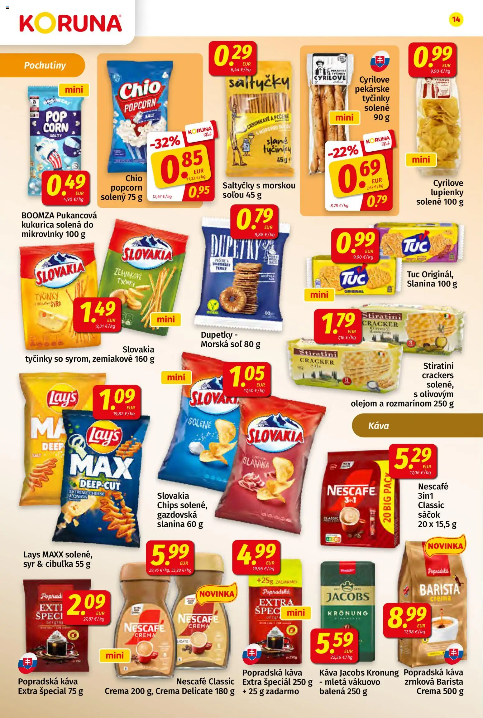 Nové Koruna akcie – leták je platný od 14.08.2026 | Strana: 14 | Produkty: Syr, Slanina, Jacobs Krönung, Kukurica