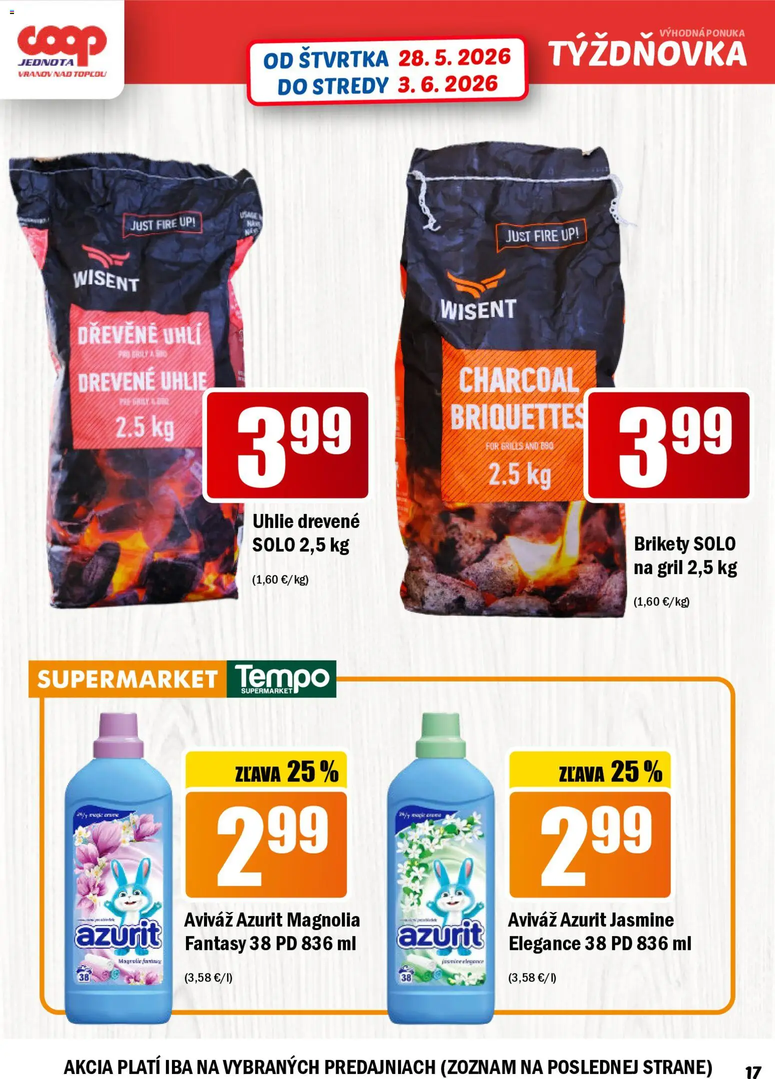 Nové COOP Jednota akcie – leták je platný od 28.05.2026 | Strana: 17 | Produkty: Gril, Aviváž, Drevené uhlie