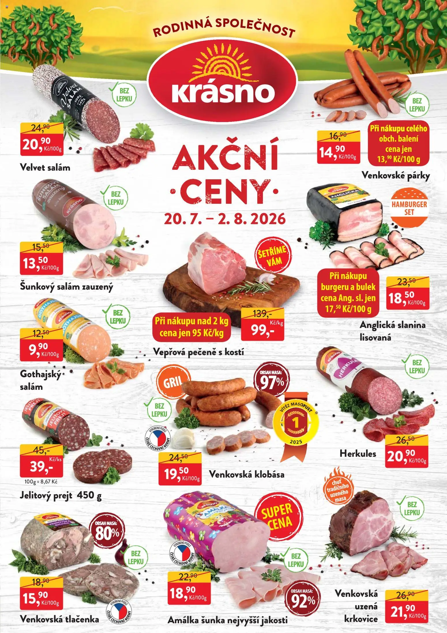 MP Krásno leták od 20.07.2026 | Strana: 1 | Produkty: Hamburger, Klobása, Tlačenka, Slanina