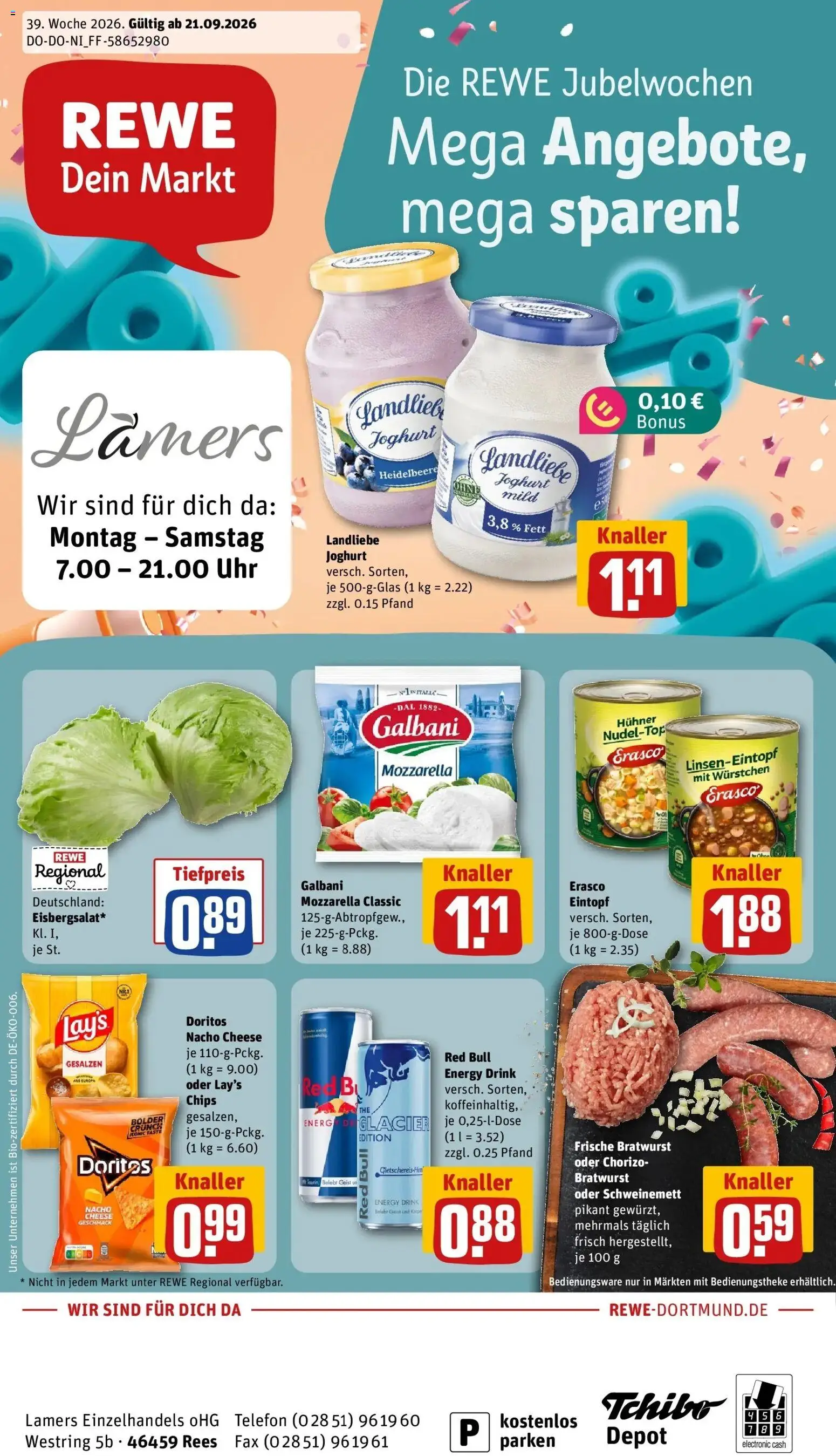 REWE Prospekt ab 21.09.2026 zum Blättern » Angebote | Seite: 1 | Produkte: Joghurt, Bratwurst, Chips, Uhr