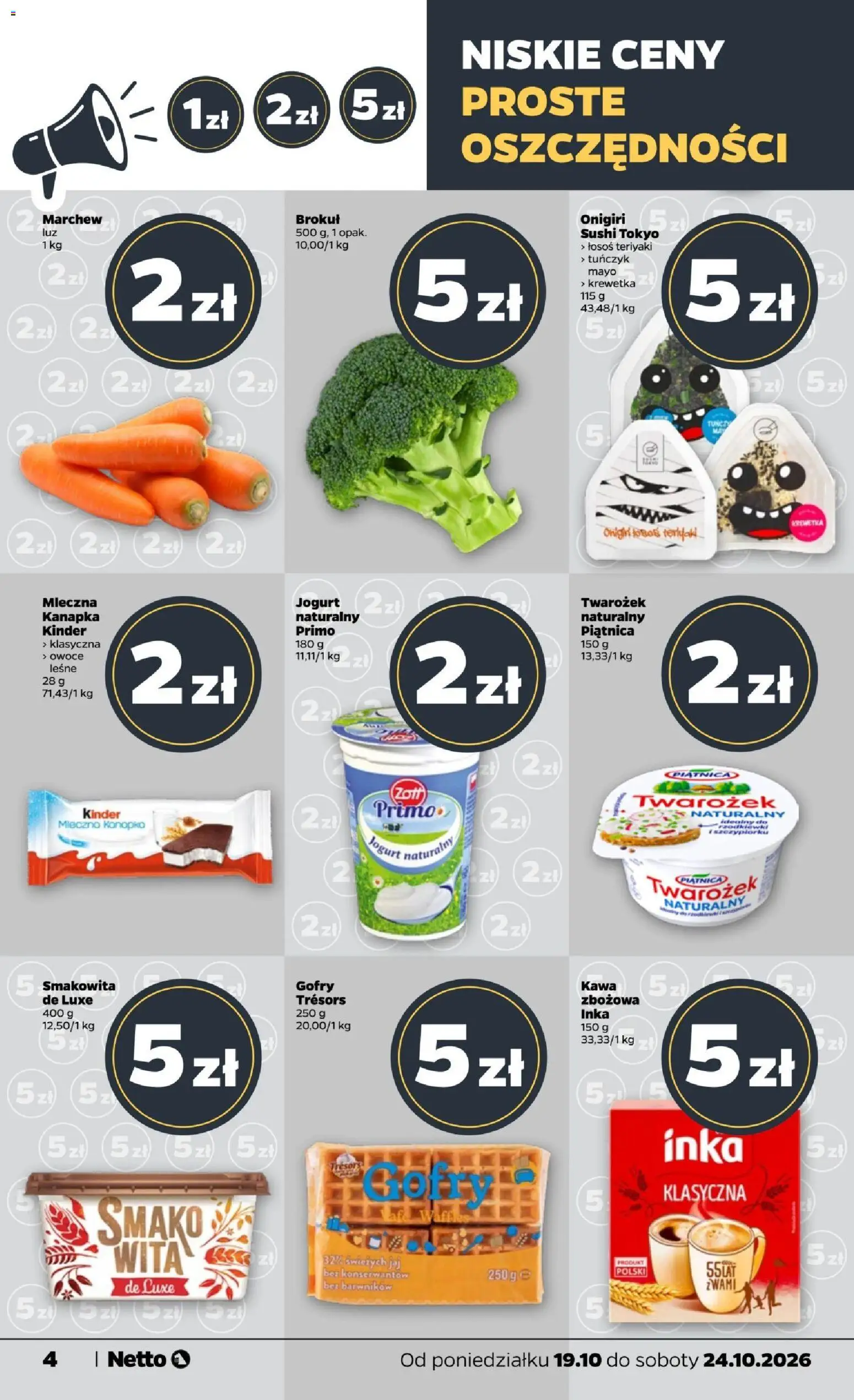 Netto gazetka od poniedziałku od 19.10.2026 | Strona: 4 | Produkty: Mleczna kanapka, Łosoś, Sushi, Kawa