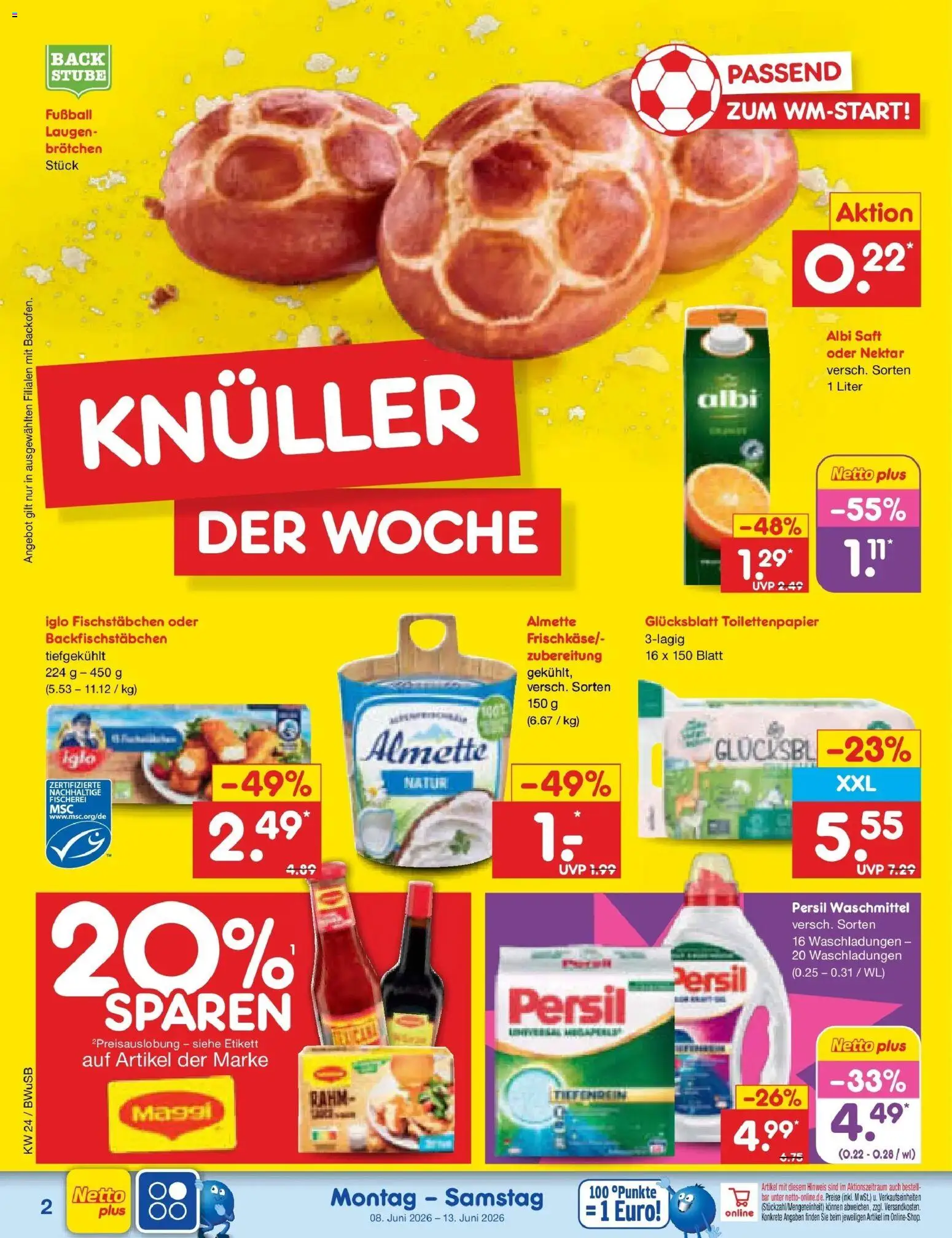 Netto Marken-Discount Prospekt Stemwede-Dielingen – gültig ab 08.06.2026 | Seite: 4 | Produkte: Almette, Fußball, Waschmittel, Saft