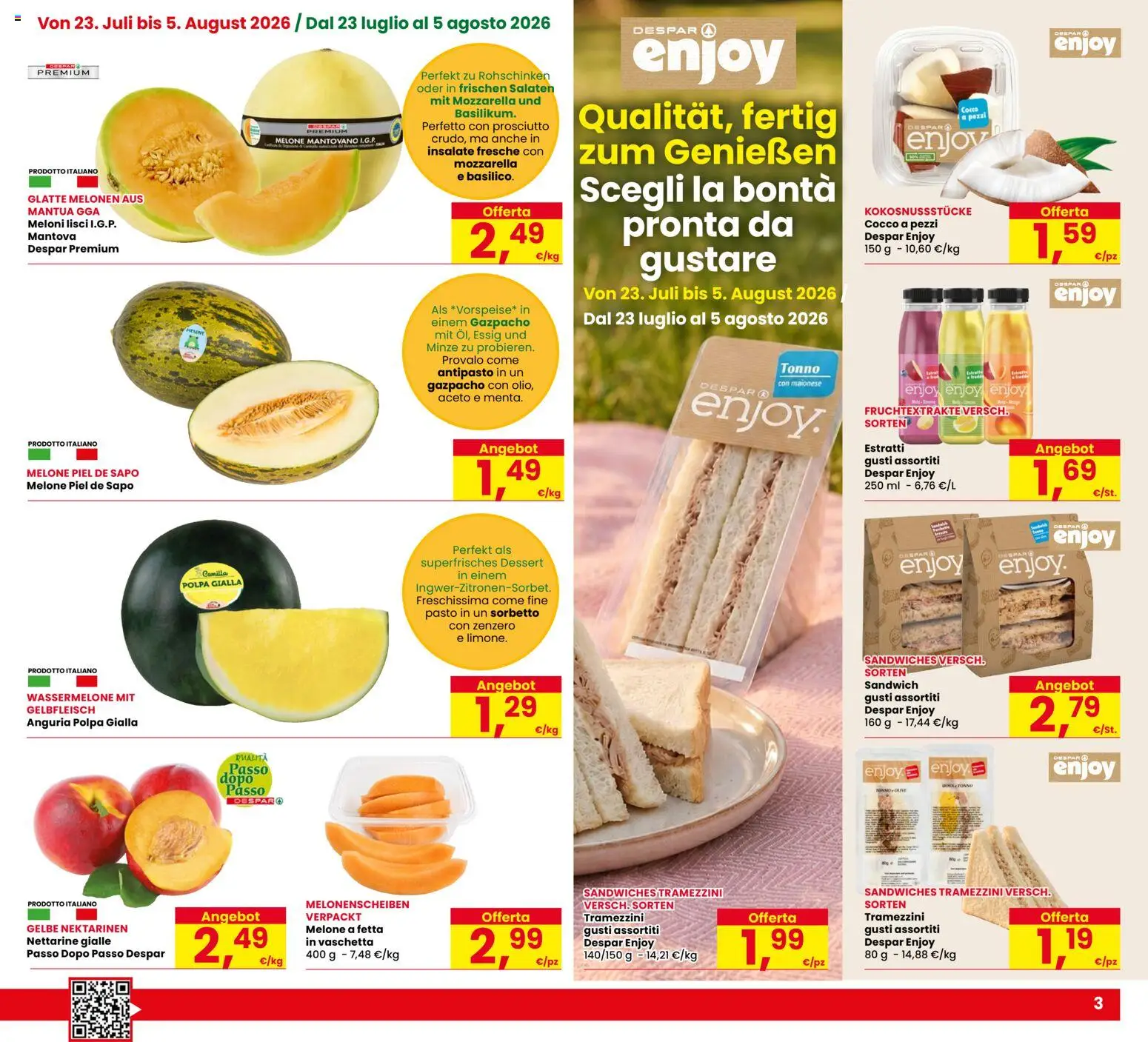 Volantino Eurospar del 23/07/2026 | Pagina: 3 | Prodotti: Sorbetto, Prosciutto, Anguria, Cocco