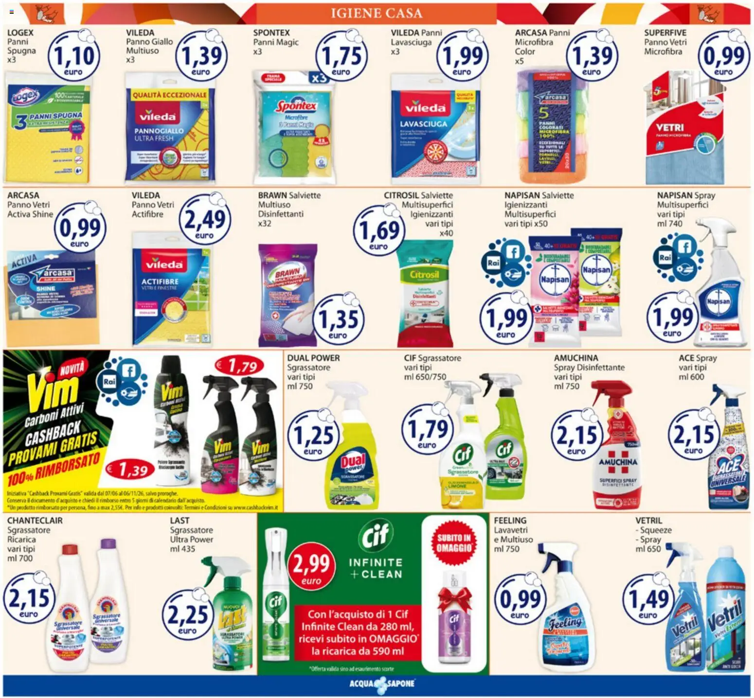 Volantino Acqua e Sapone del 01.06.2026 | Pagina: 15 | Prodotti: Spugna, Sapone, Spray disinfettante, Sgrassatore