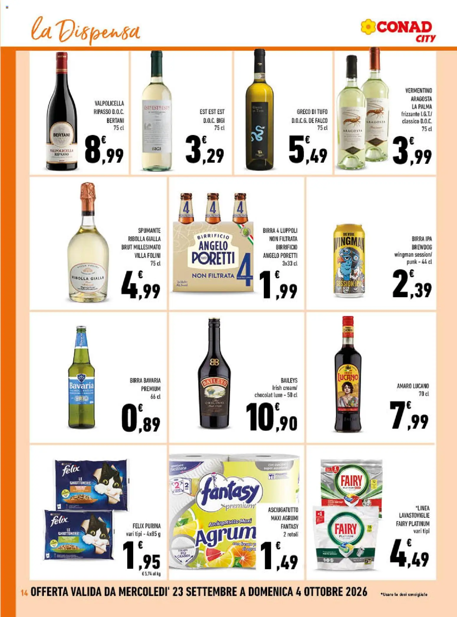 Volantino Conad del 23/09/2026 | Pagina: 14 | Prodotti: Birra, Lavastoviglie, Spumante, Amaro