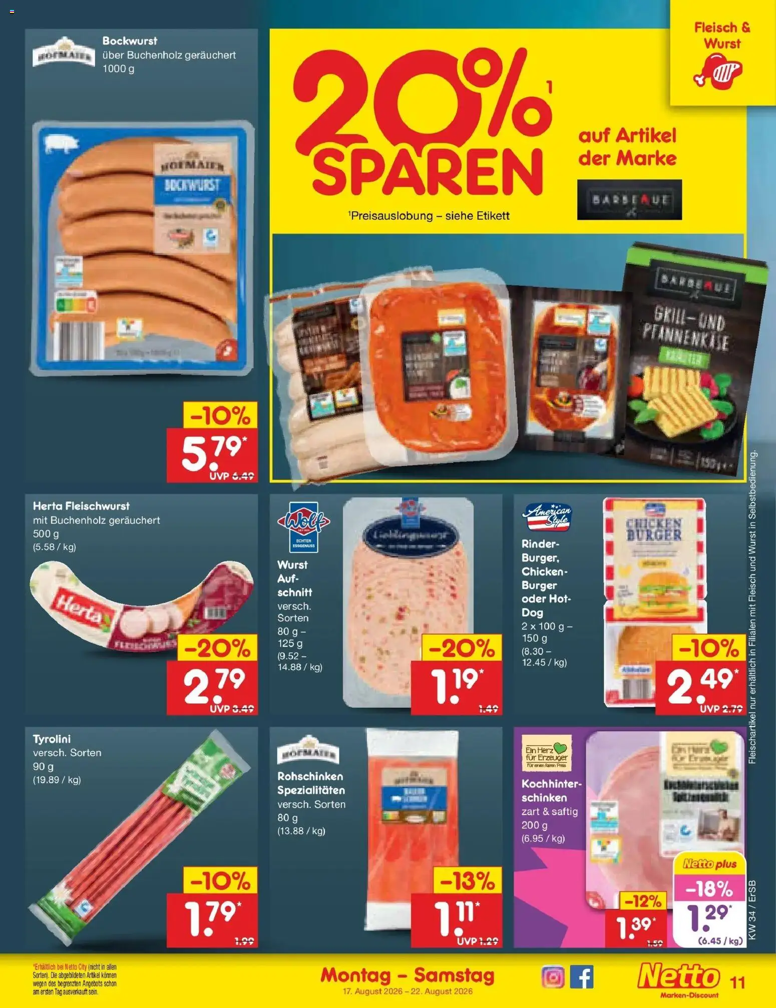 Netto Marken-Discount Prospekt Nordhausen – gültig ab 17.08.2026 | Seite: 13 | Produkte: Bockwurst, Spezialitäten, Burger, Wurst