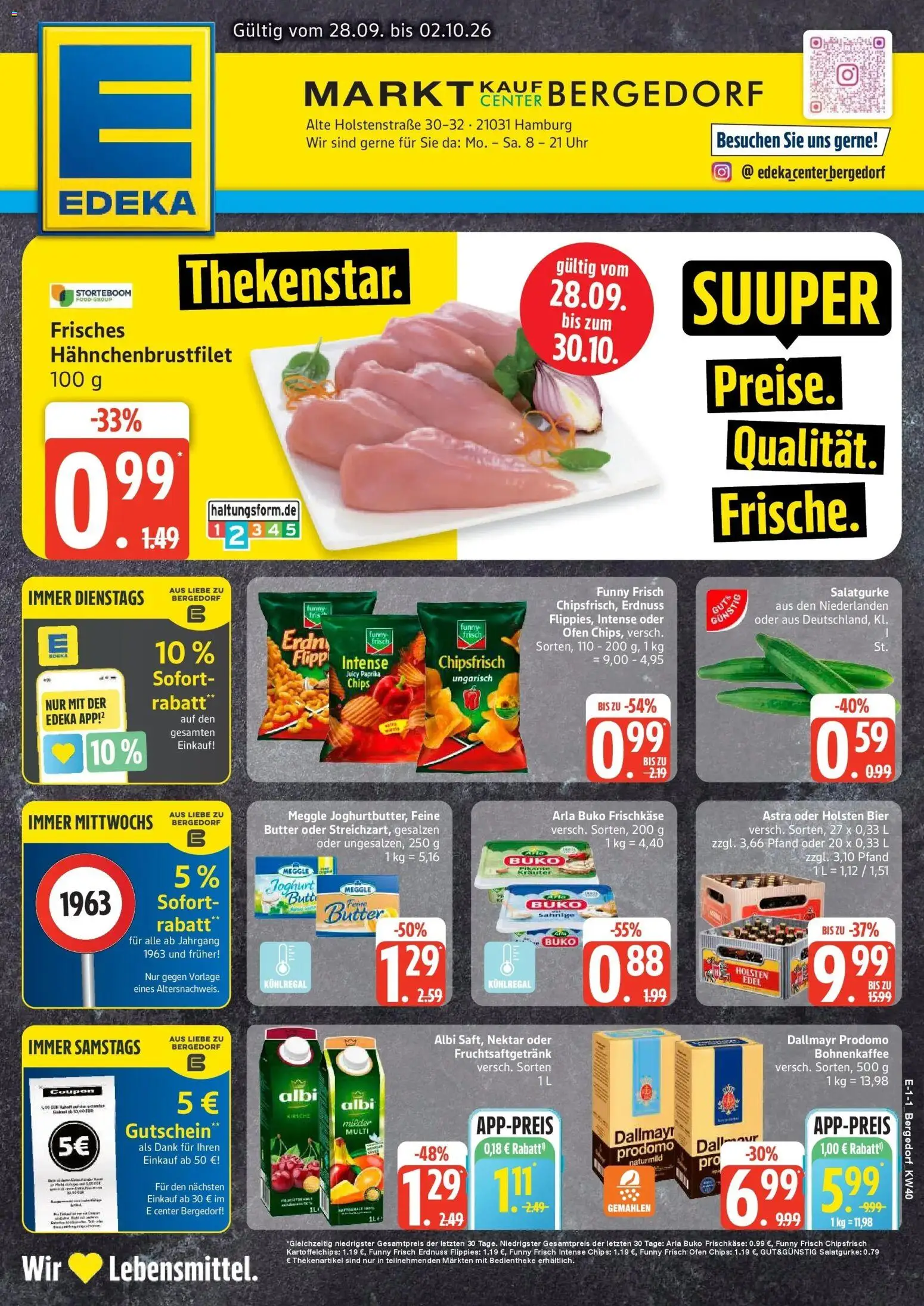 Edeka Prospekt Hamburg (ab 28.09.2026) » Angebote Online | Seite: 1 | Produkte: Holsten edel, Funny frisch, Arla buko, Dallmayr prodomo