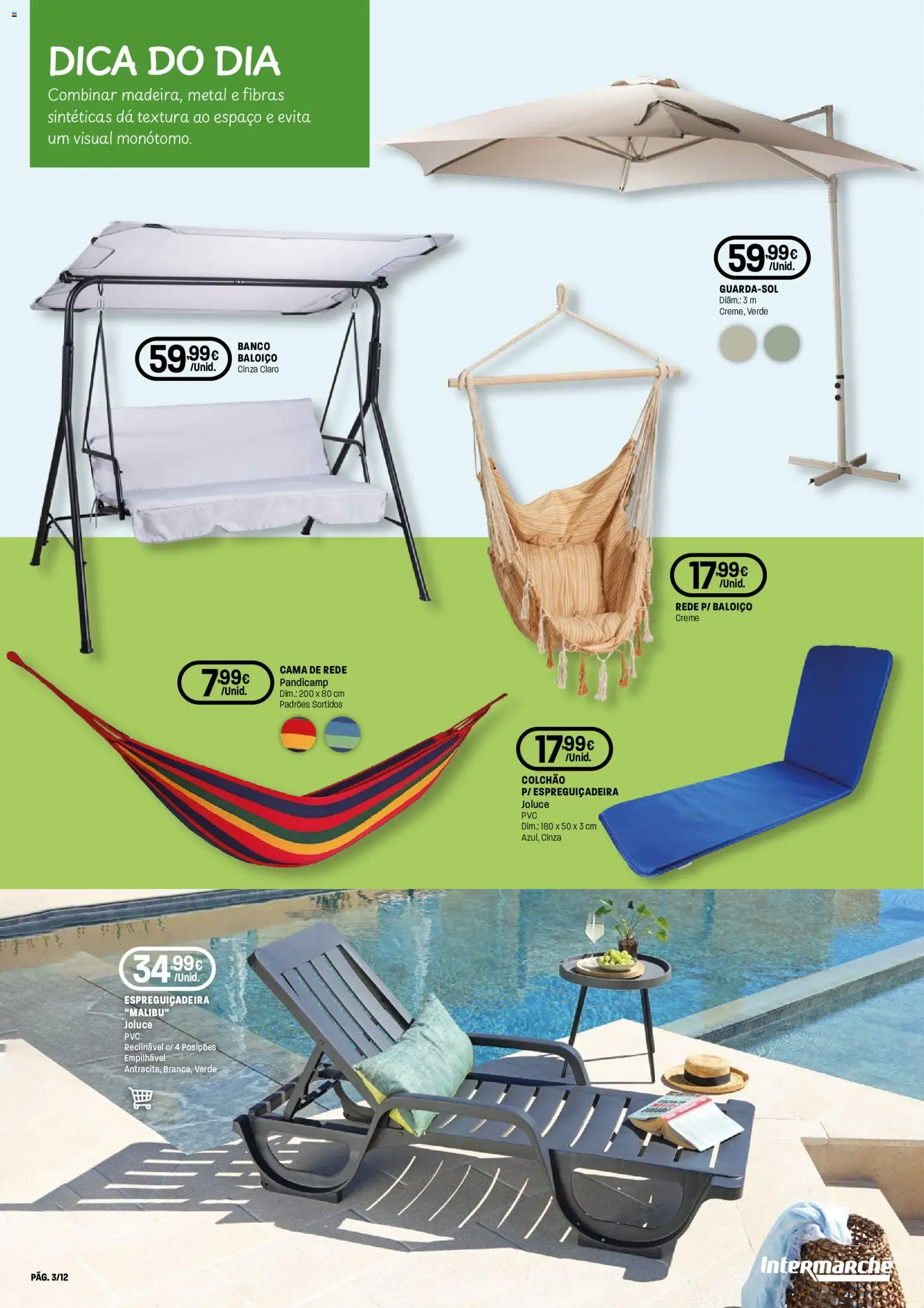 Intermarché folheto Aire Livre Super │ válido de 07.05.2026 | Página: 3 | Produtos: Baloiço, Cama, Colchão, Espreguiçadeira