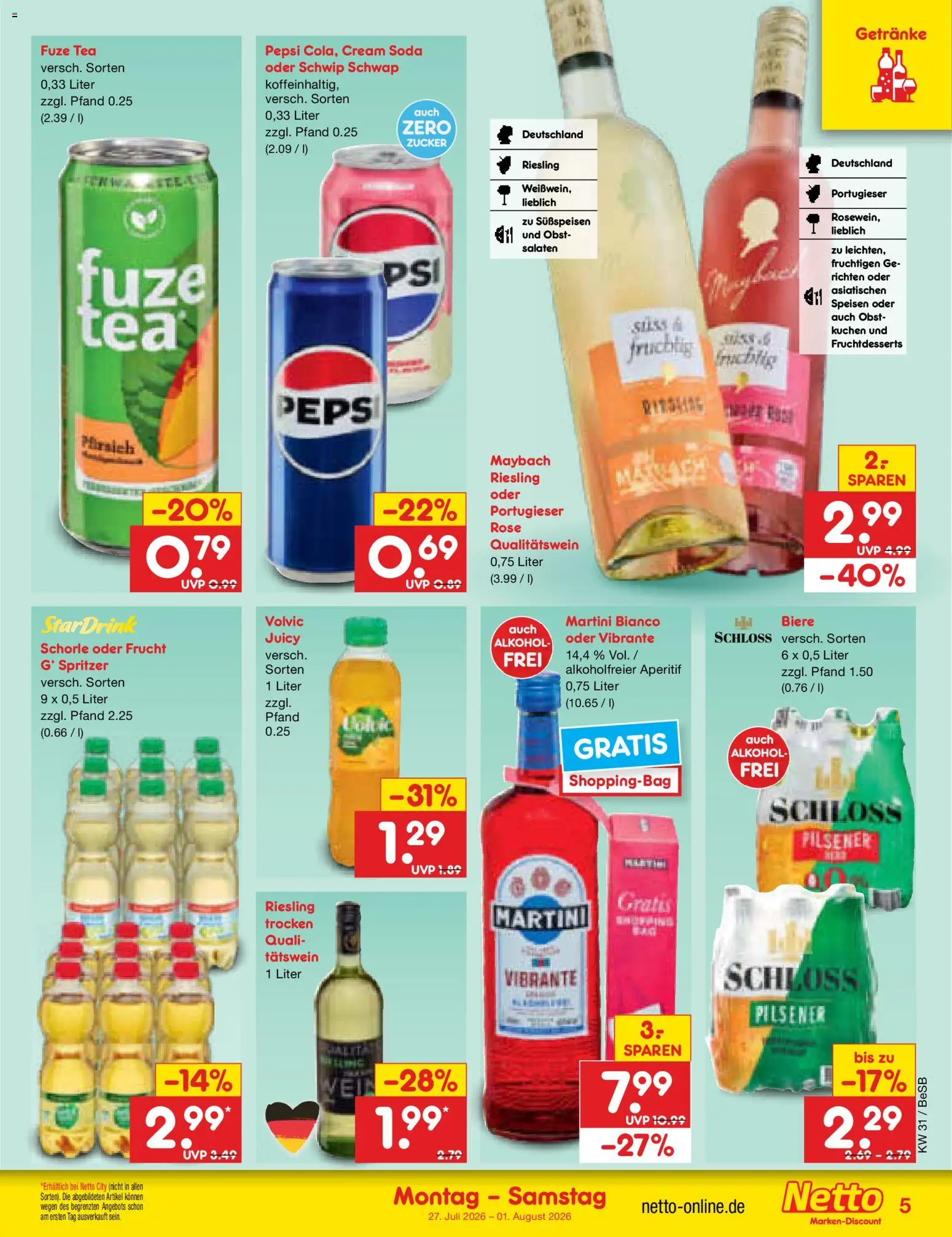 Netto Marken-Discount Prospekt – gültig ab 27.07.2026 | Seite: 5 | Produkte: Martini, Obst, Kuchen, Volvic