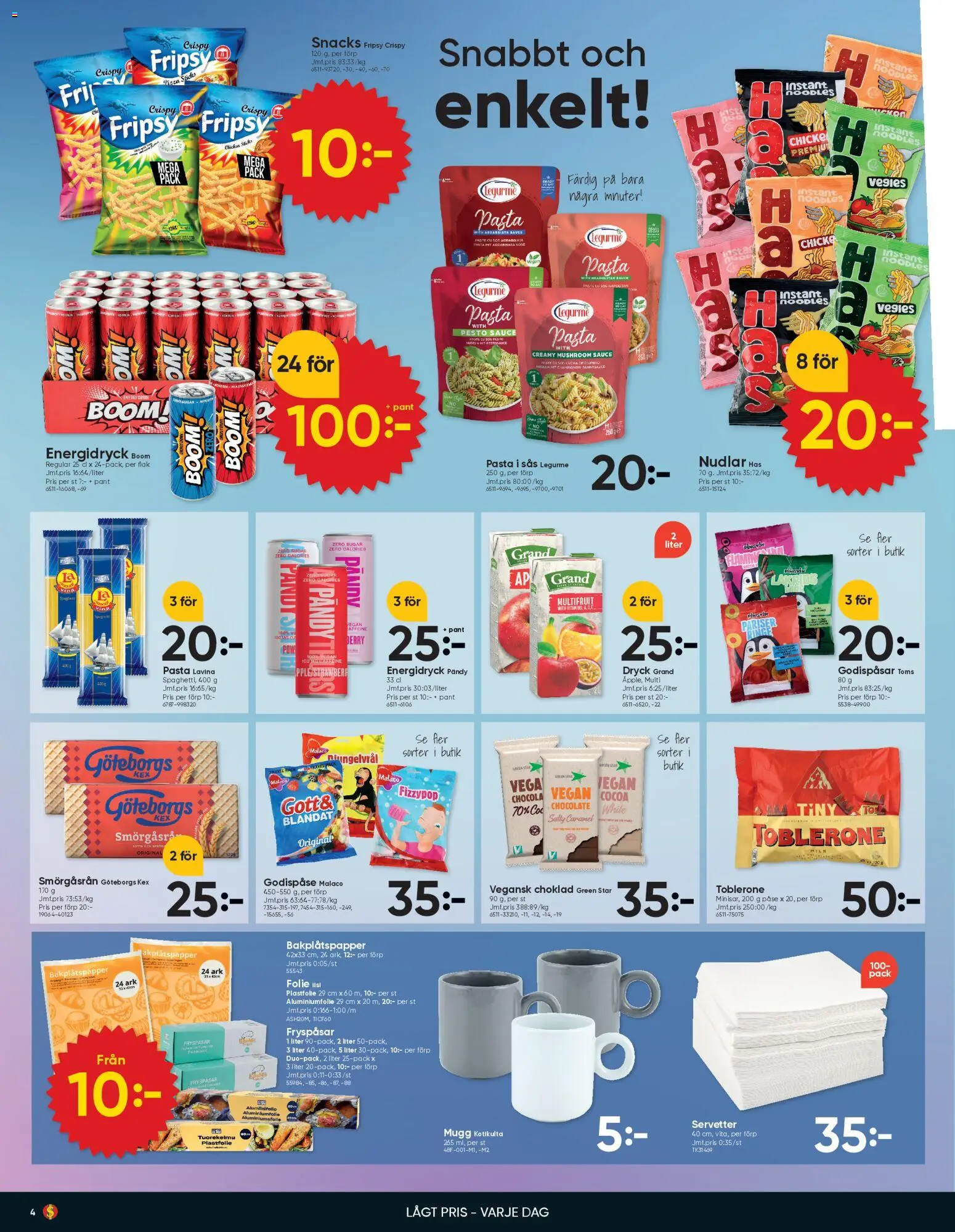 Dollar Store reklamblad aktuell från 01.05.2026 | Sida: 4 | Produkter: Bakplåtspapper, Choklad, Energidryck, Servetter