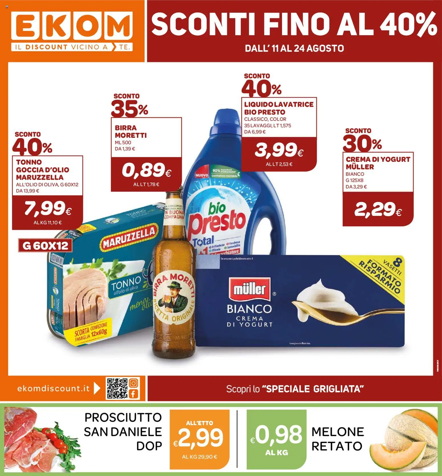 Volantino Ekom del 11/08/2026 | Pagina: 1 | Prodotti: Birra, Prosciutto, Lavatrice, Melone