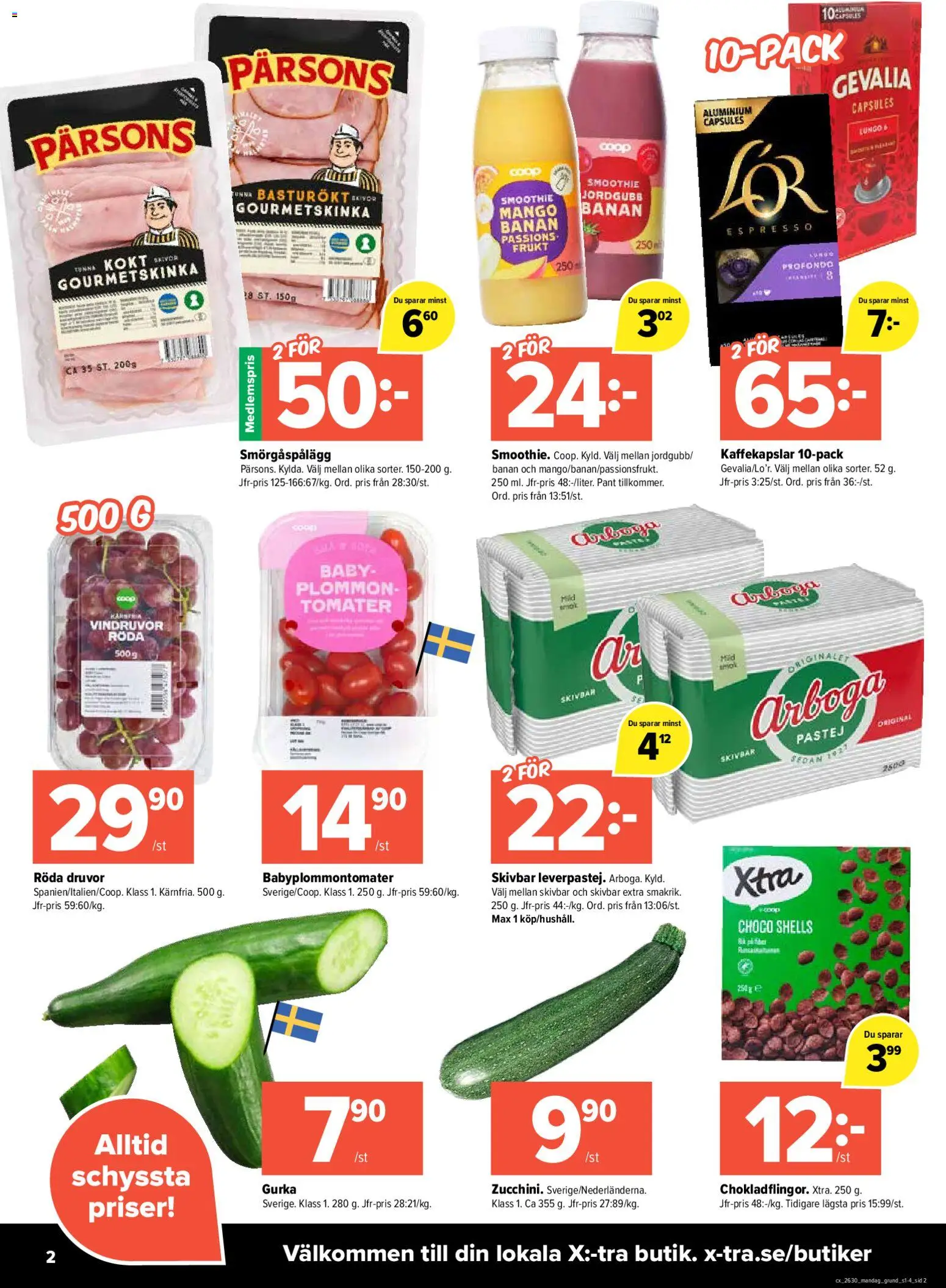 Coop X:-TRA reklamblad aktuell från 20/07/2026 | Sida: 2 | Produkter: Vindruvor, Smörgåspålägg, Plommon, Mango