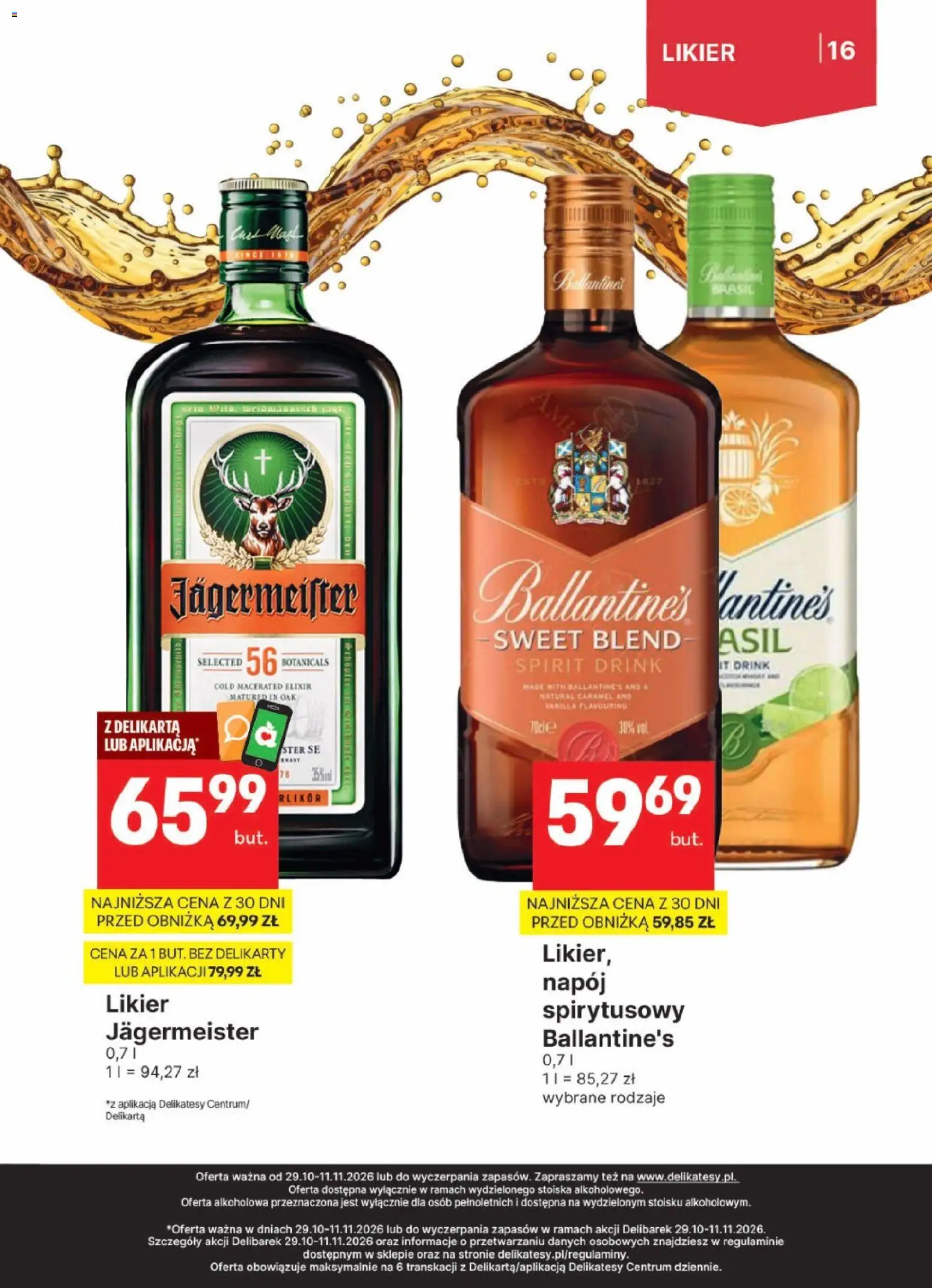 Delikatesy Centrum gazetka - DeliBarek od 29.10.2026 | Strona: 16 | Produkty: Delikatesy, Jagermeister, Ballantines