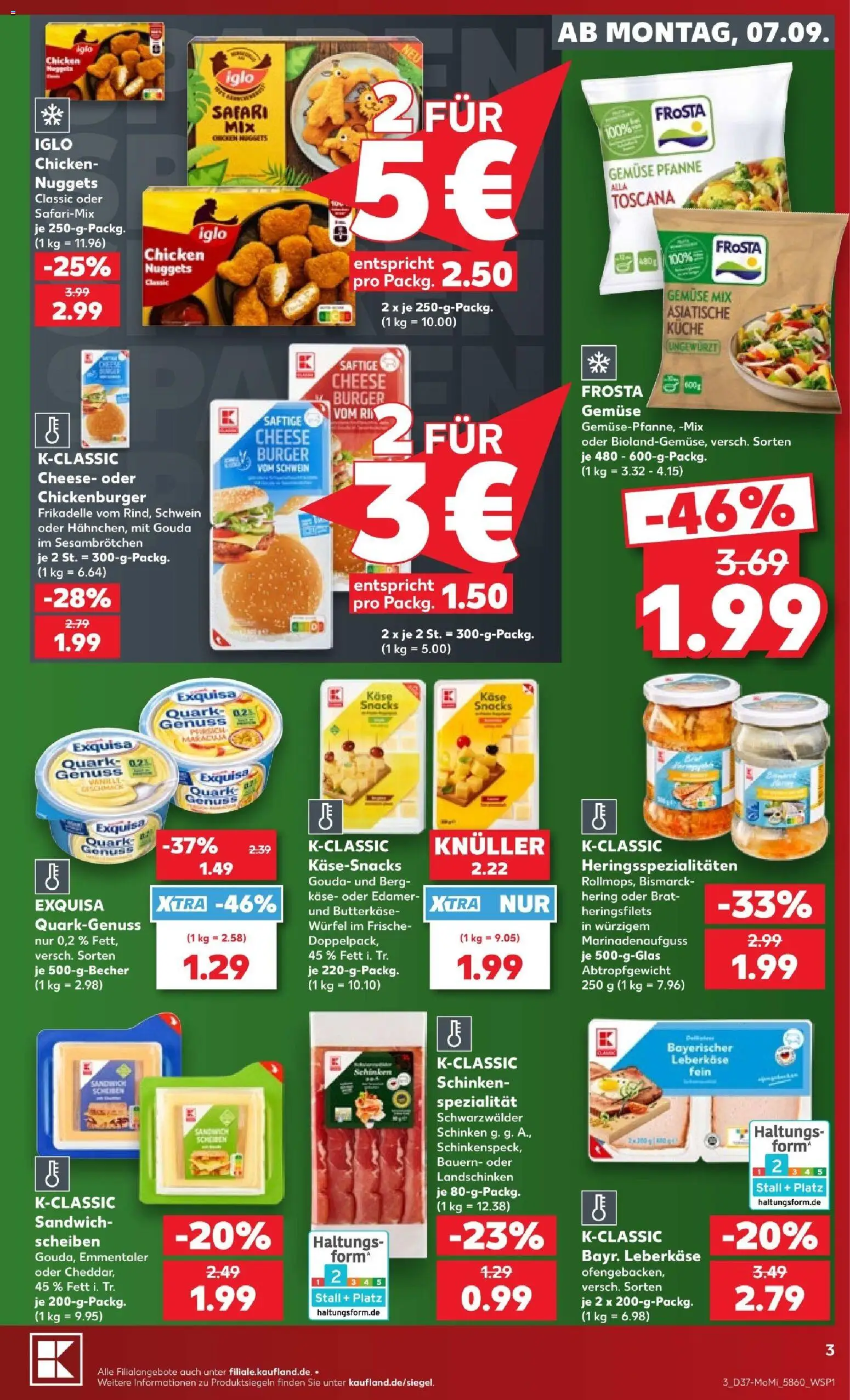 Kaufland Prospekt Stuttgart – gültig ab 07.09.2026 | Seite: 3 | Produkte: Quark, Iglo, Exquisa, Gemüse