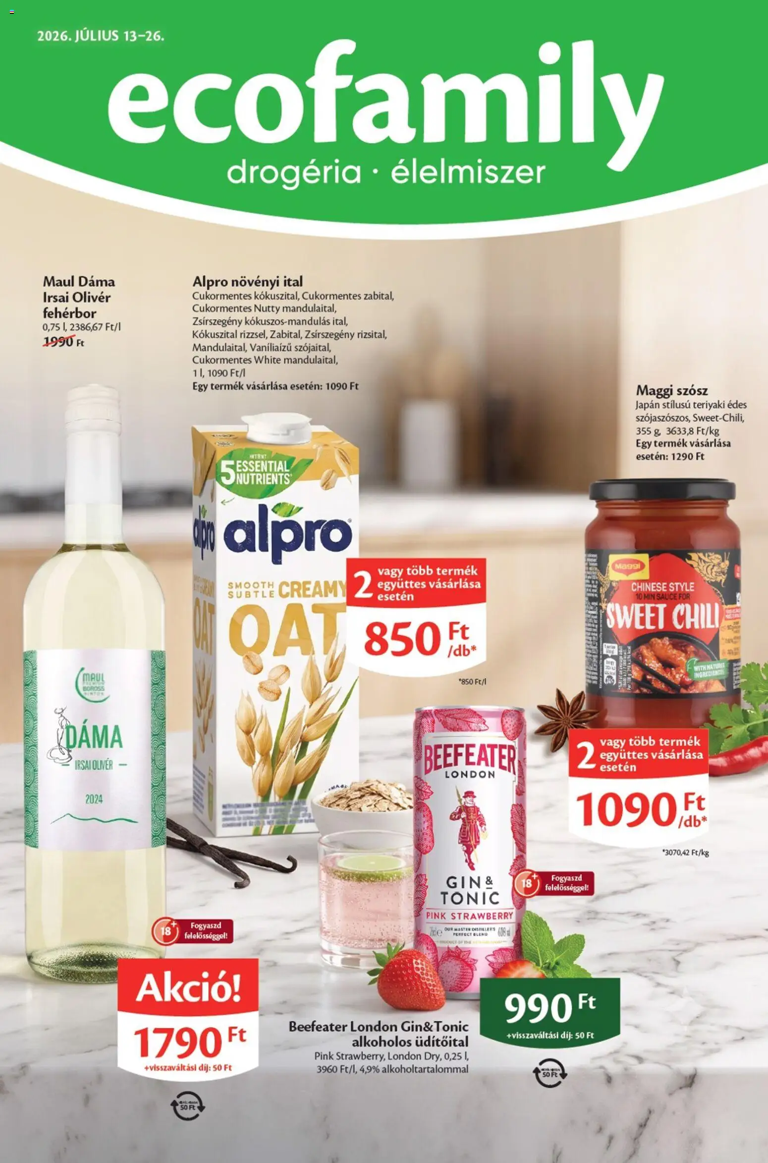 EcoFamily akciós ujság - amely érvényes a következő dátumtól: 2026.07.13. | Oldal: 1 | Termékek: Tonic, Maggi, Gin, Szósz