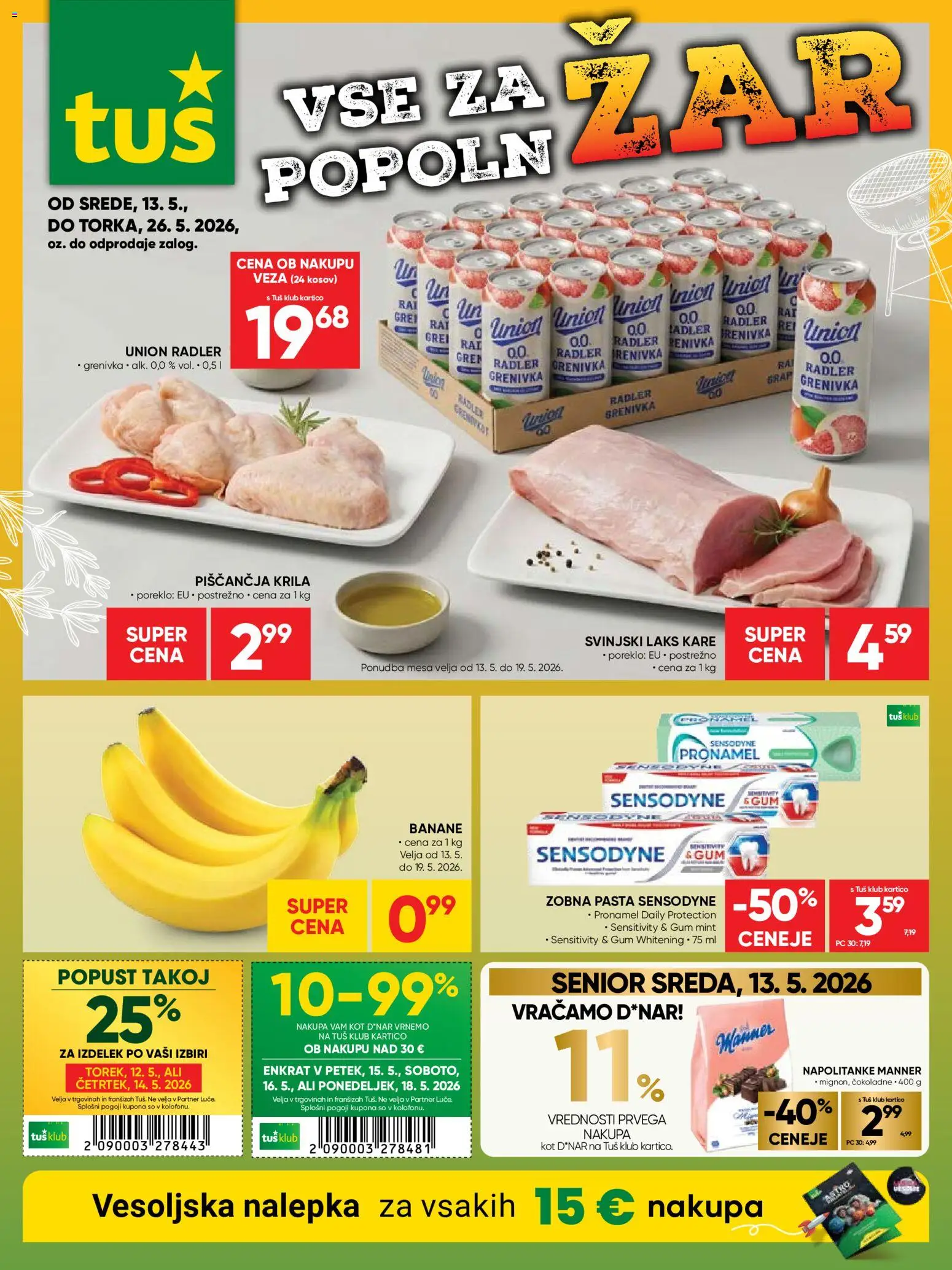 Novi Tuš katalog ponudbe – veljaven od 13.05.2026 | Stran: 1 | Izdelki: Napolitanke, Piščančja krila, Zobna pasta, Grenivka