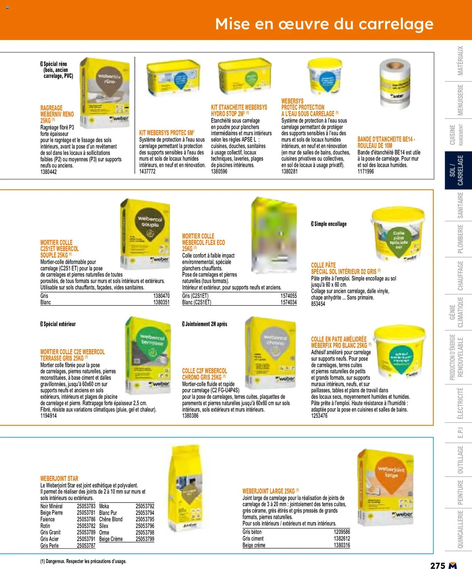 {H1} | Page: 275 | Produits: Mortier, Rouleau, Colle, Crème