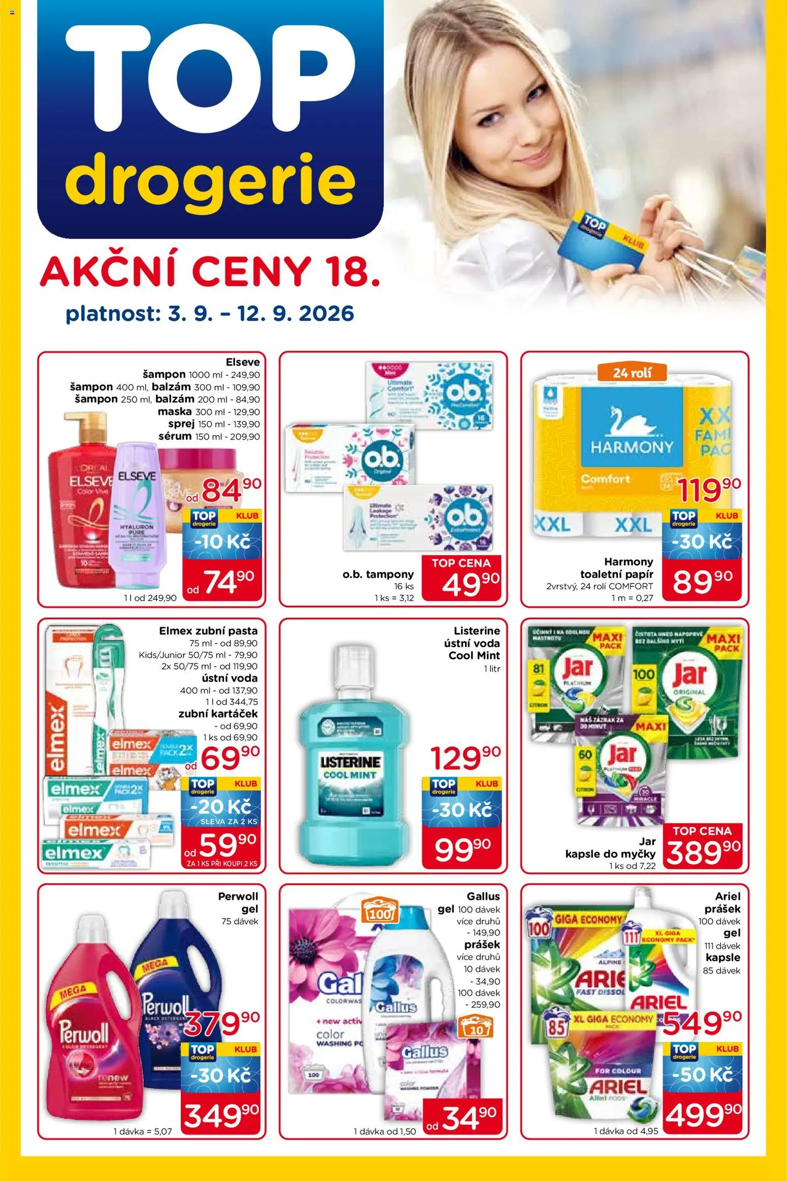Top drogerie leták od 03.09.2026 | Strana: 1 | Produkty: Zubní kartáček, Ústní voda, Kapsle do myčky, Šampon