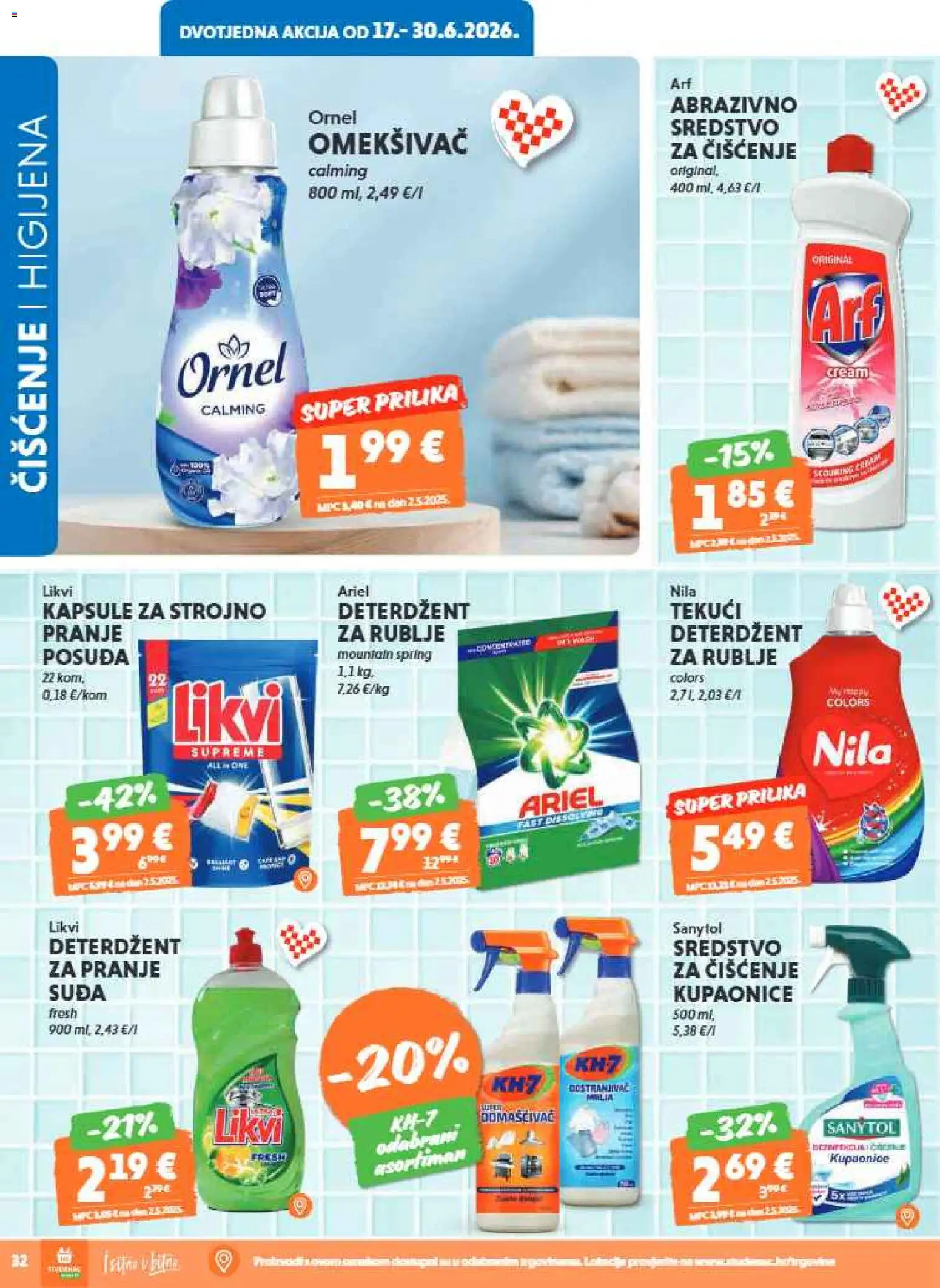 Studenac katalog | vrijedi od 17.06.2026 | Stranica: 32 | Proizvodi: Omekšivač, Deterdžent, Nila, Ariel