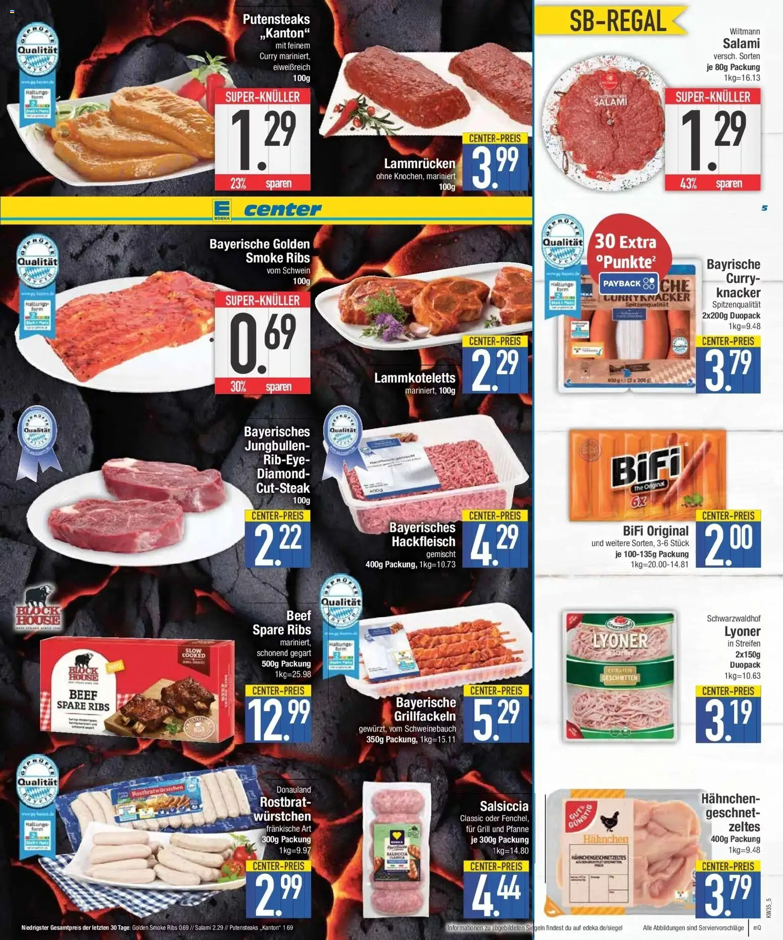 E center Prospekt München (ab 24.08.2026) zum Blättern | Seite: 5 | Produkte: Hahnchen, Bifi, Spare ribs, Salami