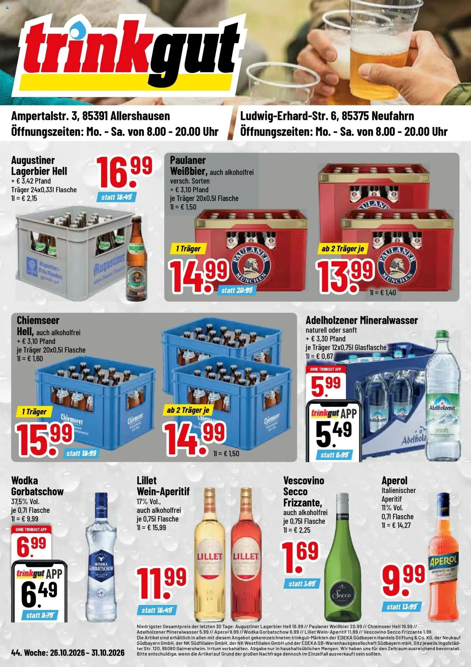 Trinkgut Prospekt Neufahrn (ab 26.10.2026) » Angebote online | Seite: 1 | Produkte: Lillet, Wodka gorbatschow, Wodka, Paulaner