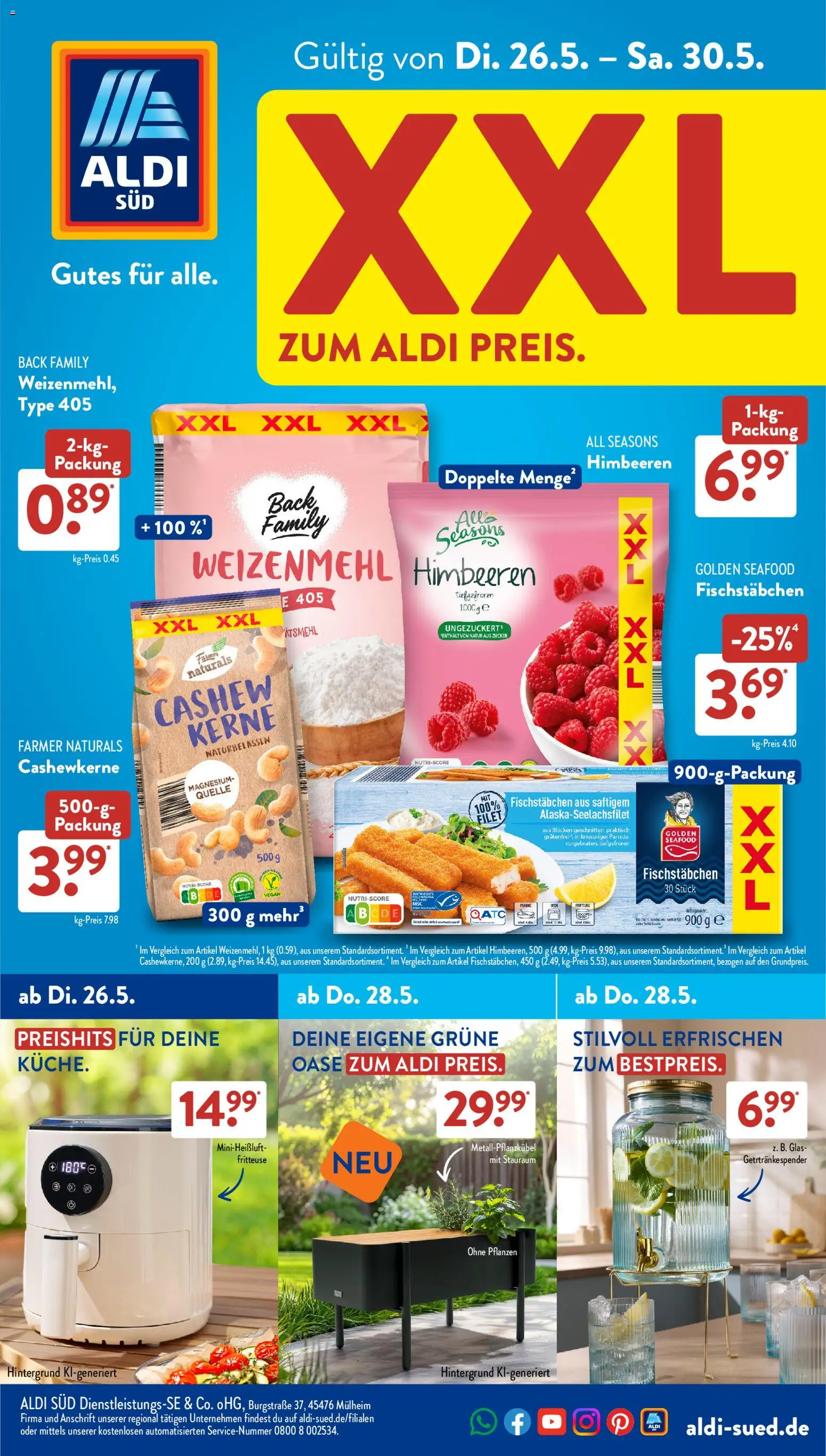 Aldi Süd Prospekt 	 – gültig ab 26.05.2026 | Seite: 1 | Produkte: Himbeeren, Fischstabchen, Zucker, Fritteuse