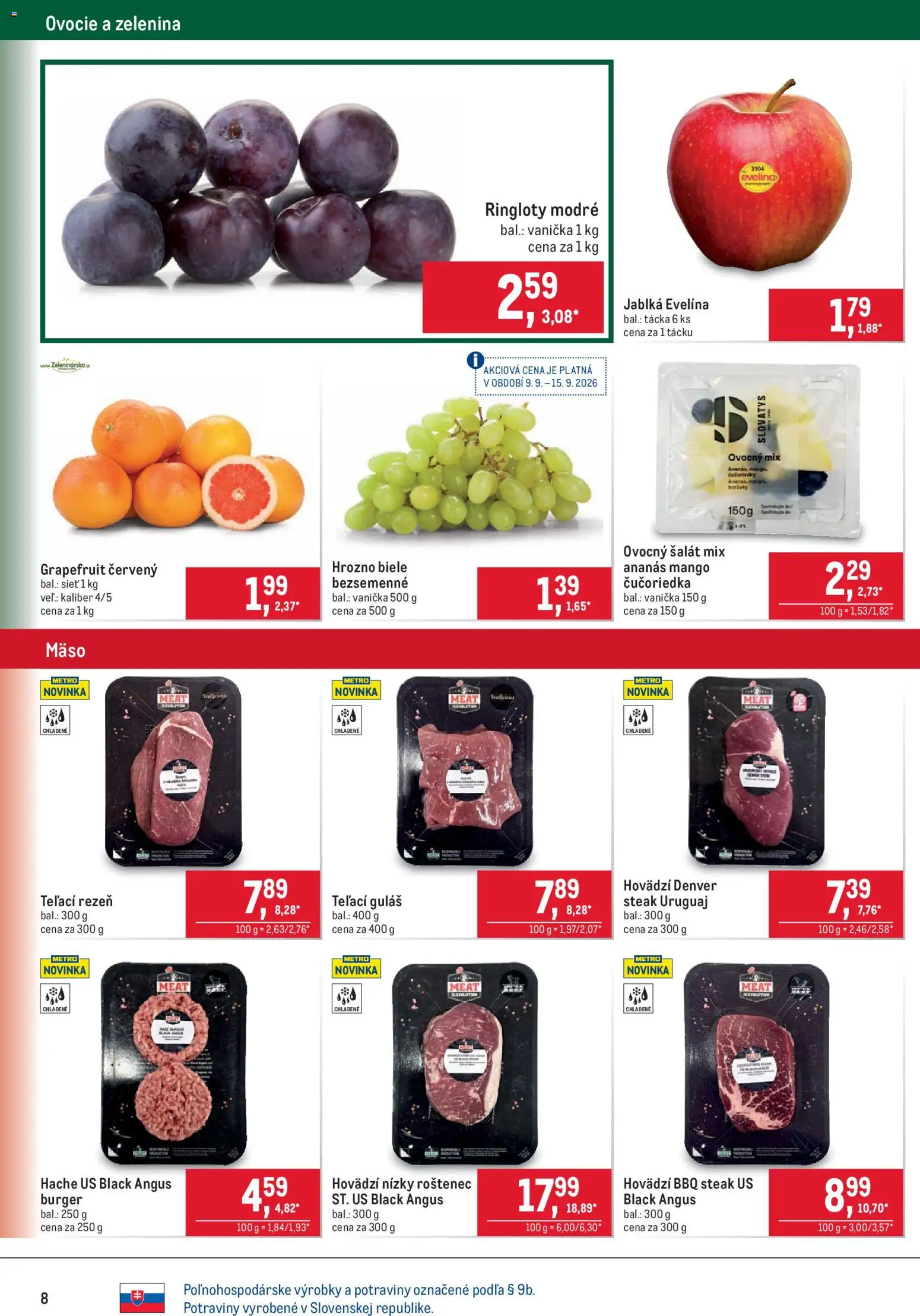 Nové Metro akcie – leták je platný od 09.09.2026 | Strana: 8 | Produkty: Zelenina, Grapefruit, Steak, Hrozno
