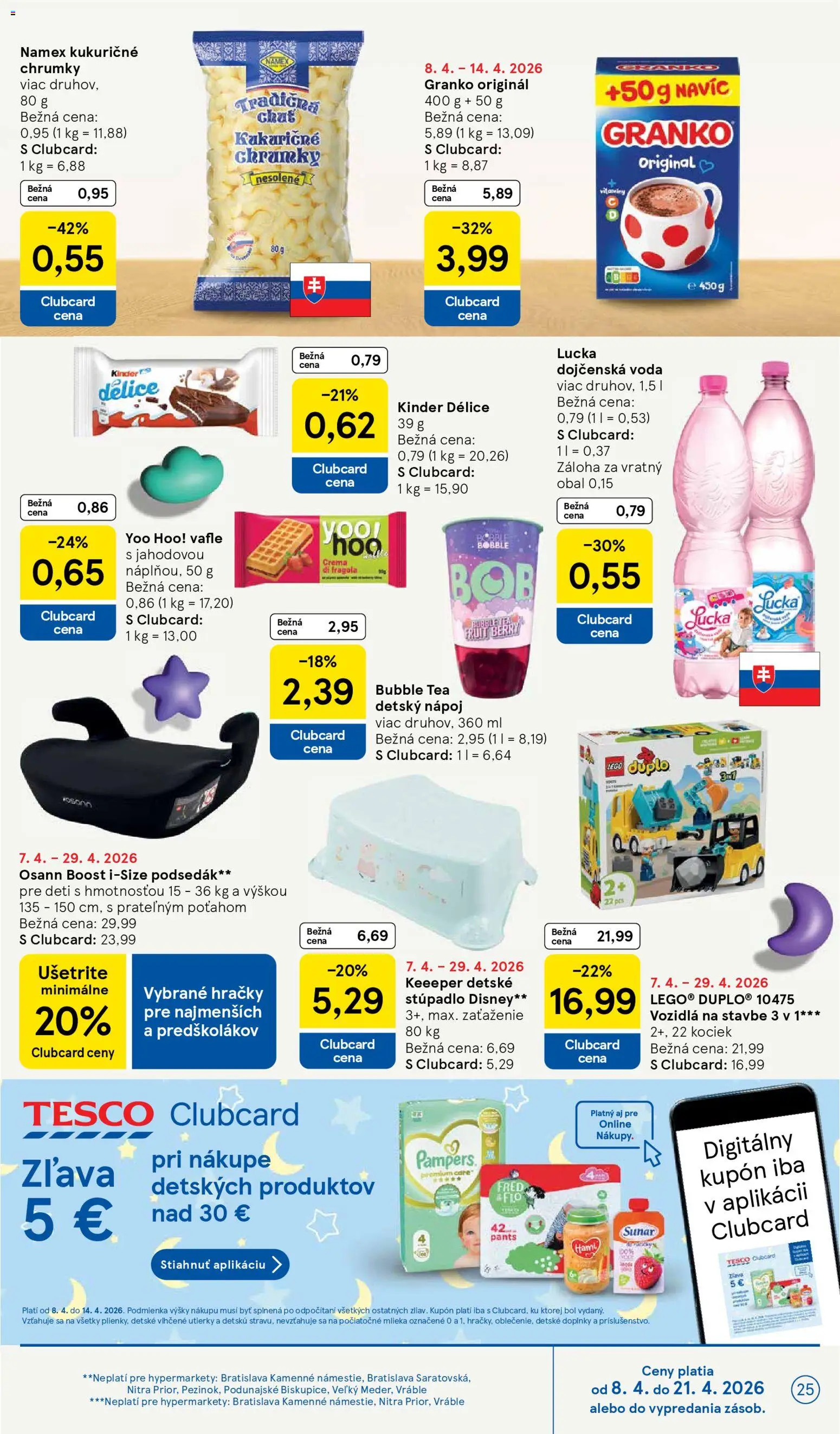 Nové Tesco akcie – leták je platný od 08.04.2026 | Strana: 25 | Produkty: Sunar, Lucka, Hračky, Granko