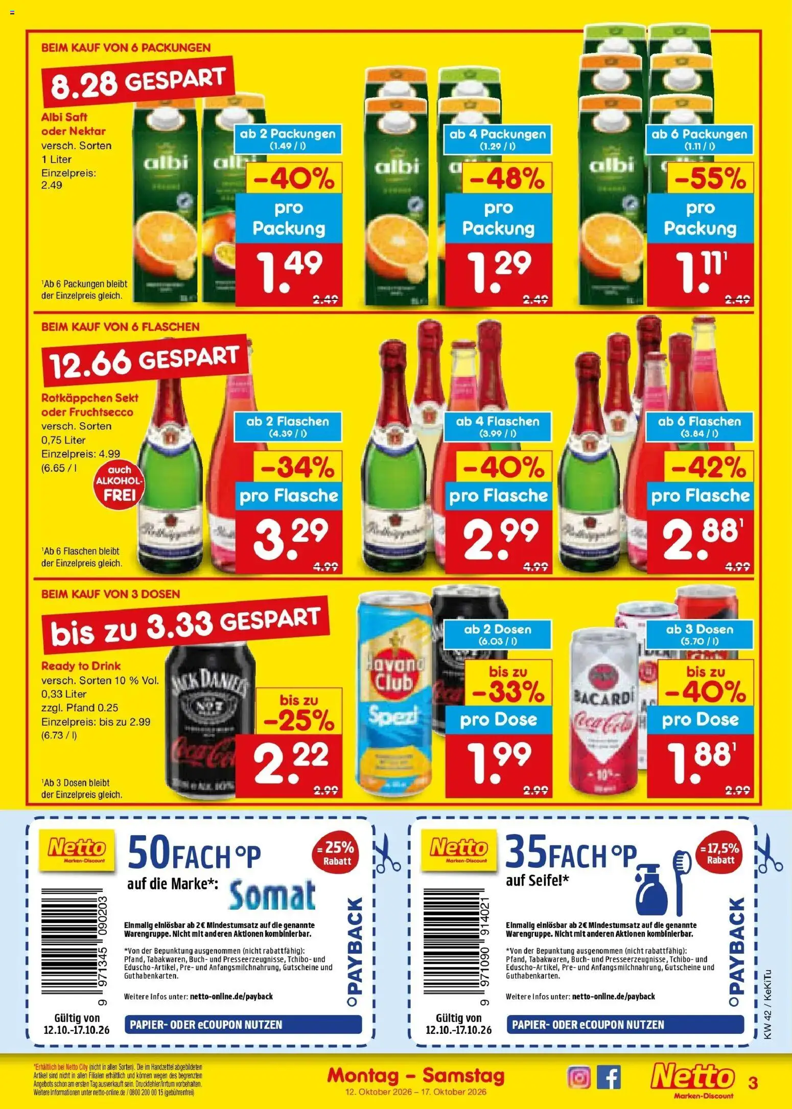 Netto Marken-Discount Prospekt Nürnberg (ab 12.10.2026) » Angebote | Seite: 3 | Produkte: Bacardi, Sekt, Seife, Saft