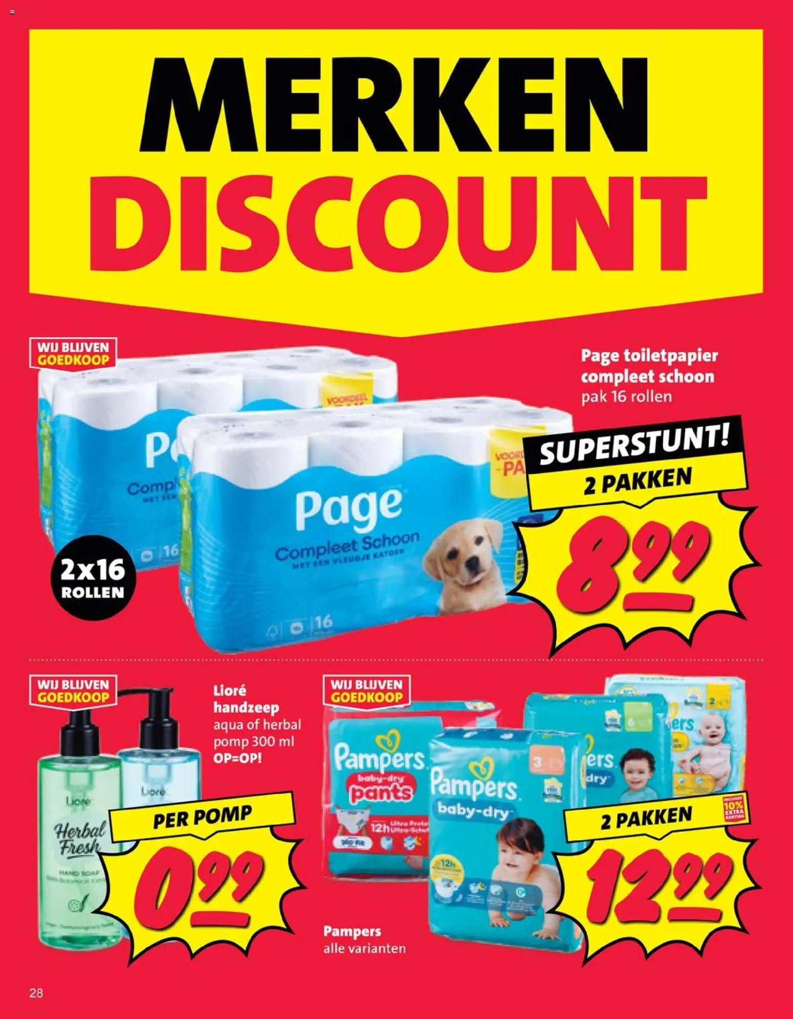 {H1} | Pagina: 28 | Producten: Pampers, Handzeep, Toiletpapier