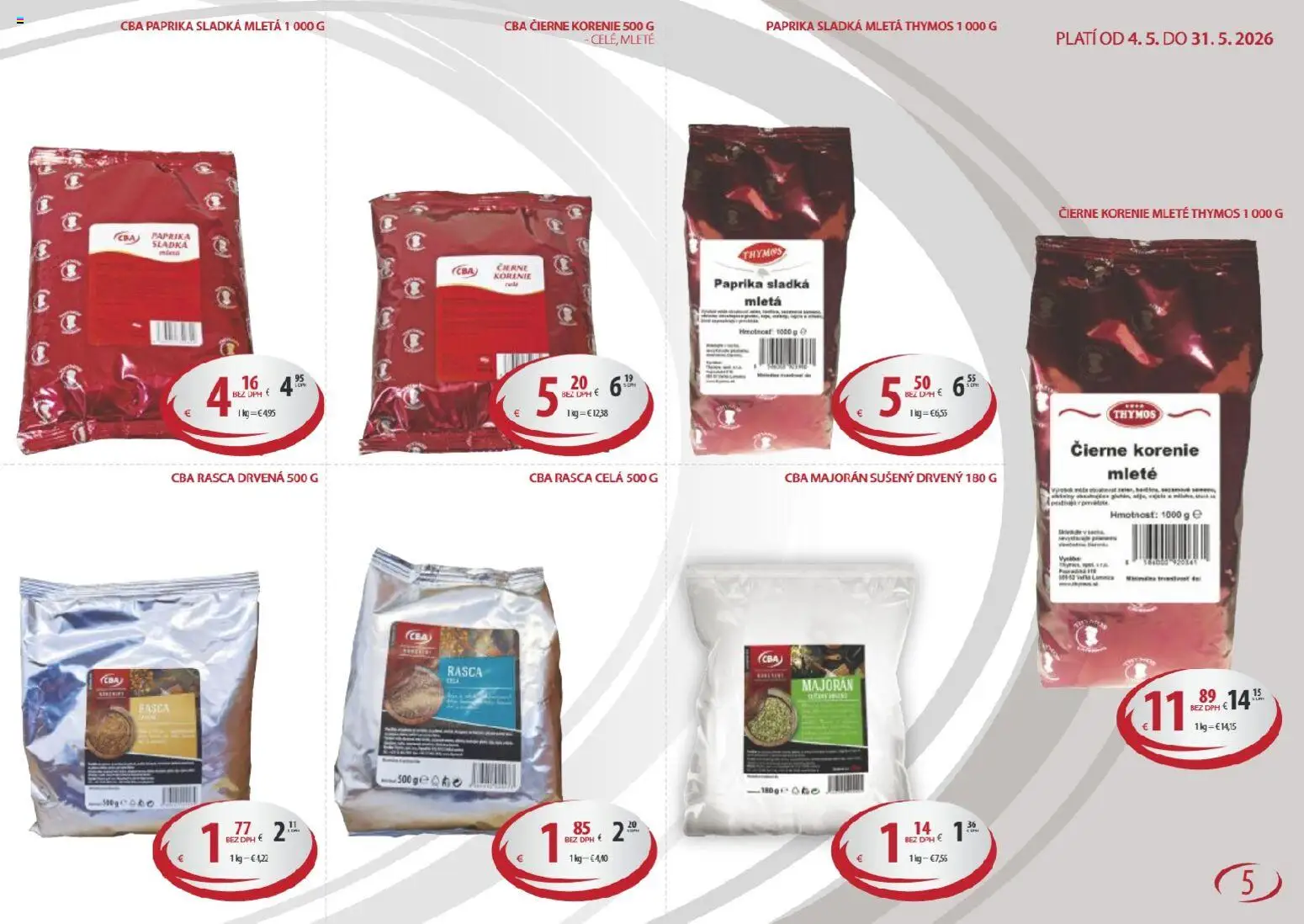 Nové KARMEN CBA akcie – leták je platný od 04.05.2026 | Strana: 5 | Produkty: Paprika, Čierne korenie, Korenie, Majorán