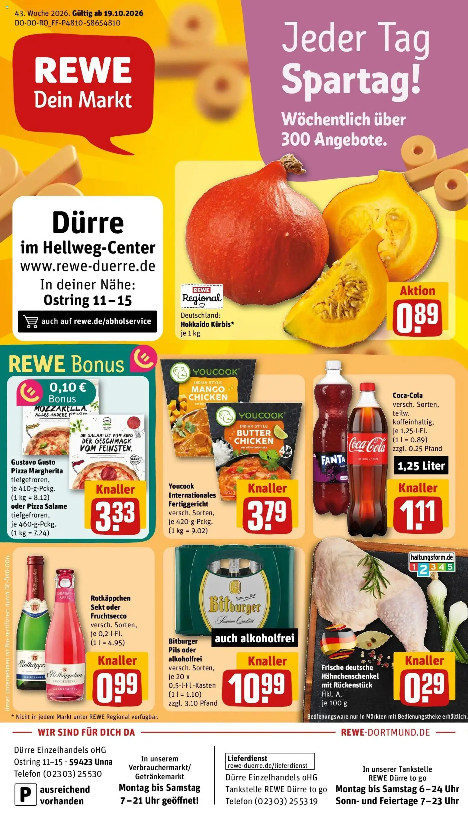 REWE Prospekt ab 19.10.2026 zum Blättern » Angebote | Seite: 1 | Produkte: Bitburger, Fanta, Hahnchenschenkel, Äpfel