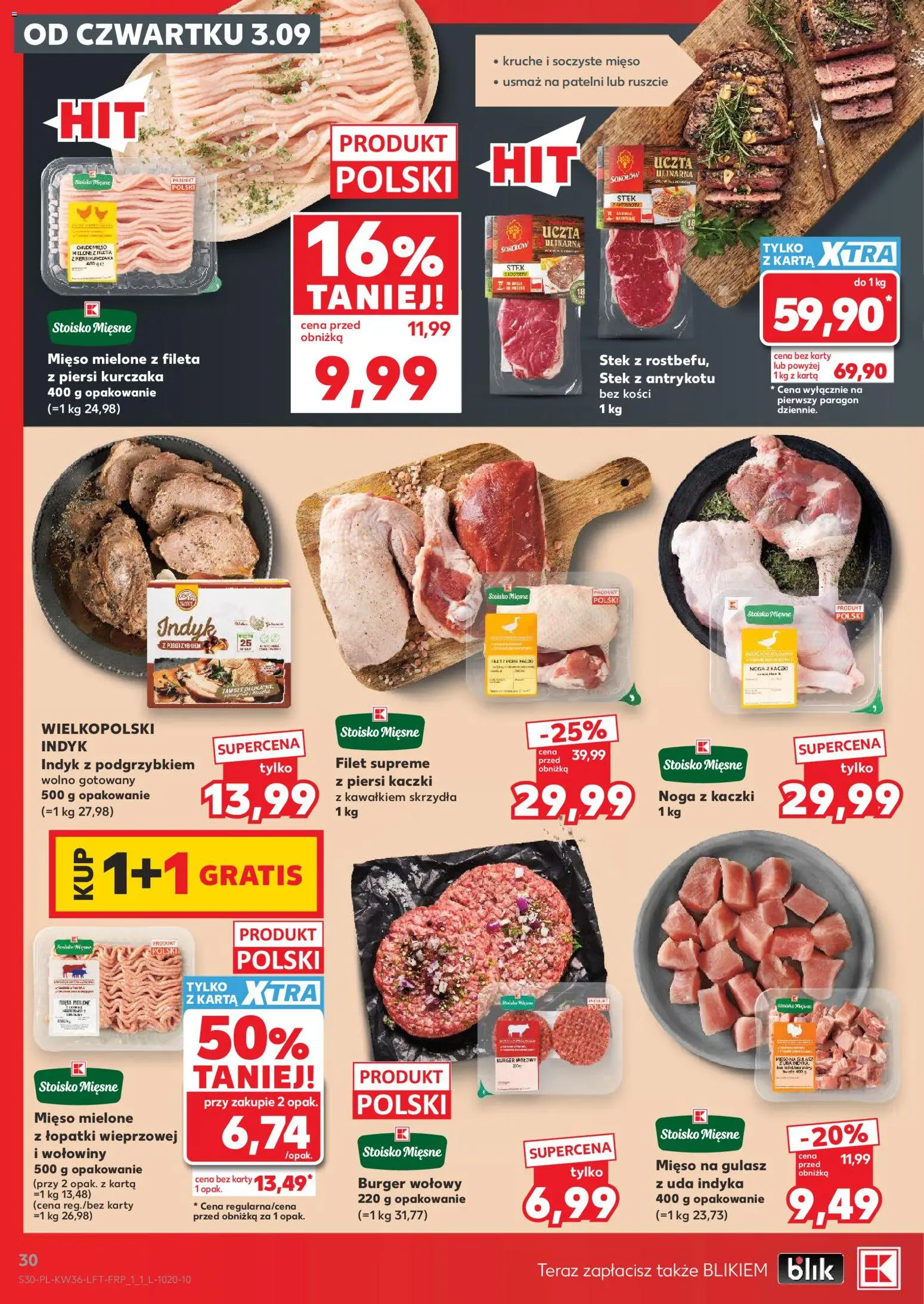 Kaufland gazetka od 03.09.2026 | Strona: 30 | Produkty: Piersi, Stek z antrykotu, Mięso na gulasz, Burger