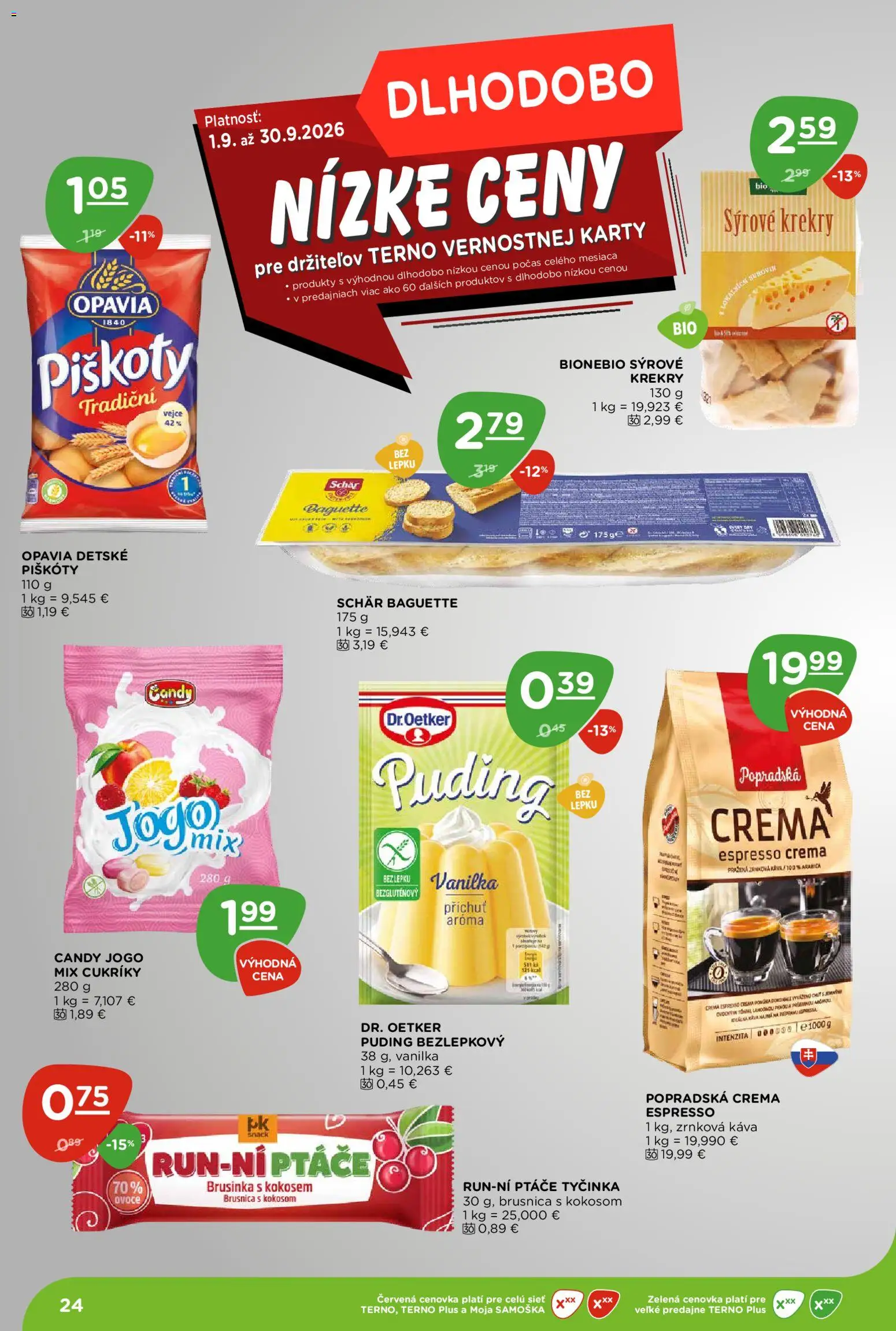 Nové Terno akcie – leták je platný od 27.08.2026 | Strana: 24 | Produkty: Piškóty, Krekry, Detské piškóty, Zrnková káva