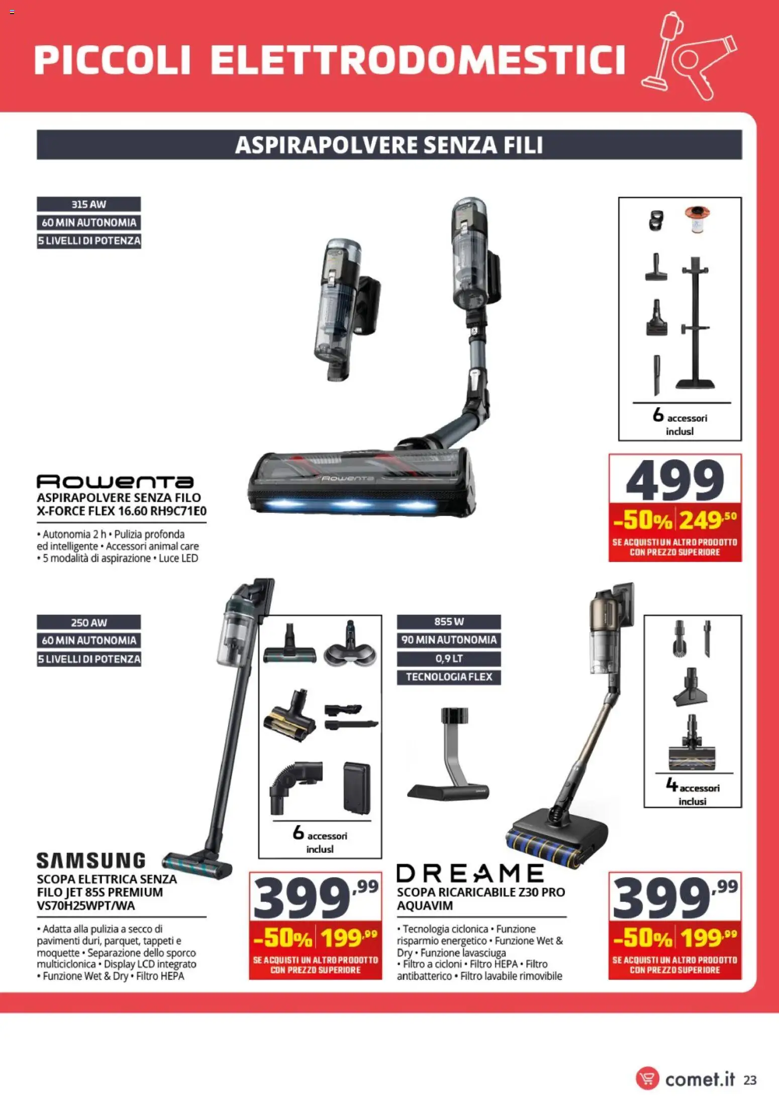 Volantino Comet del 25/09/2026 | Pagina: 23 | Prodotti: Scopa elettrica, Lavasciuga, Scopa, Aspirapolvere