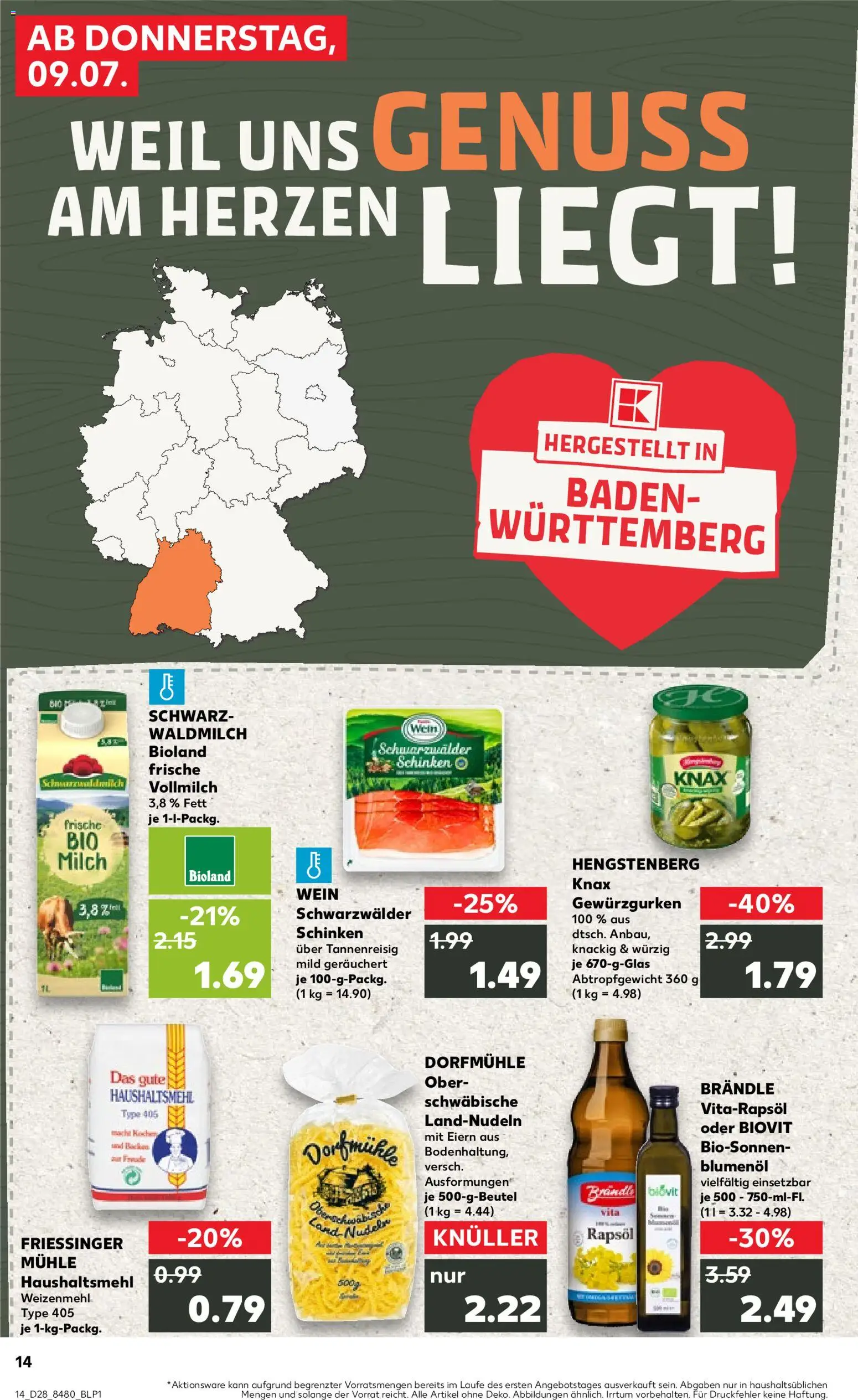 Kaufland Prospekt Stuttgart – gültig ab 09.07.2026 | Seite: 14 | Produkte: Rapsöl, Weizenmehl, Schinken, Wein