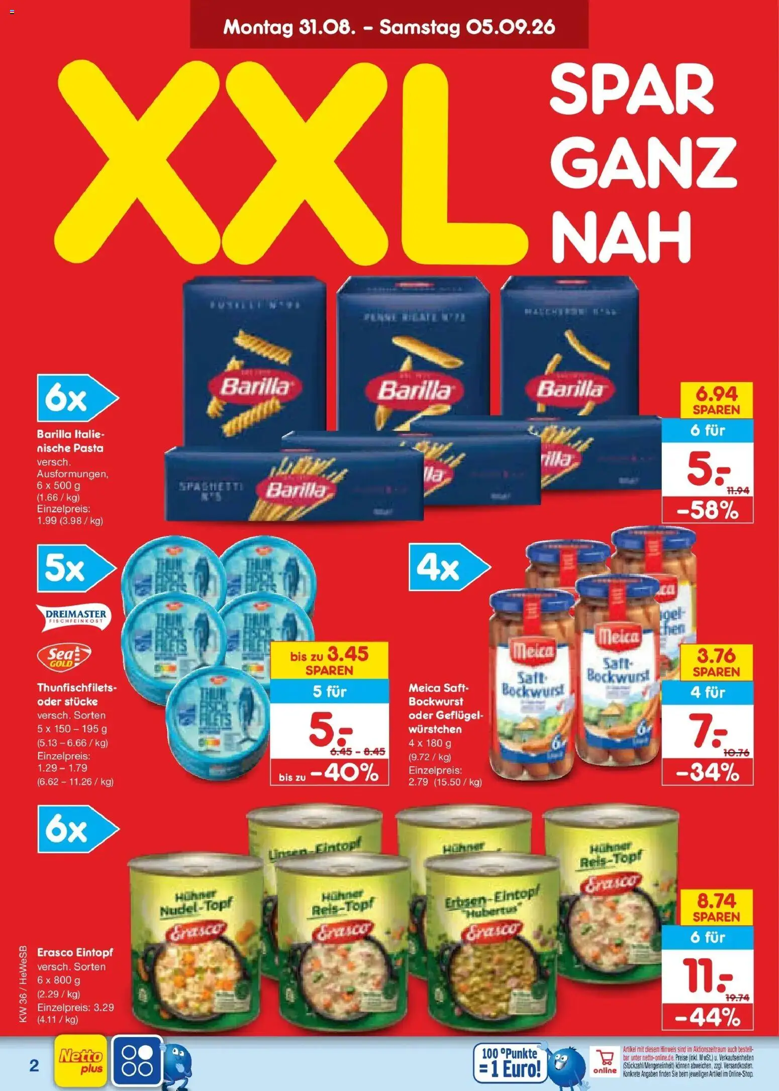 Netto Marken-Discount Prospekt Hamburg (ab 31.08.2026) » Angebote | Seite: 4 | Produkte: Barilla, Spaghetti, Meica, Saft