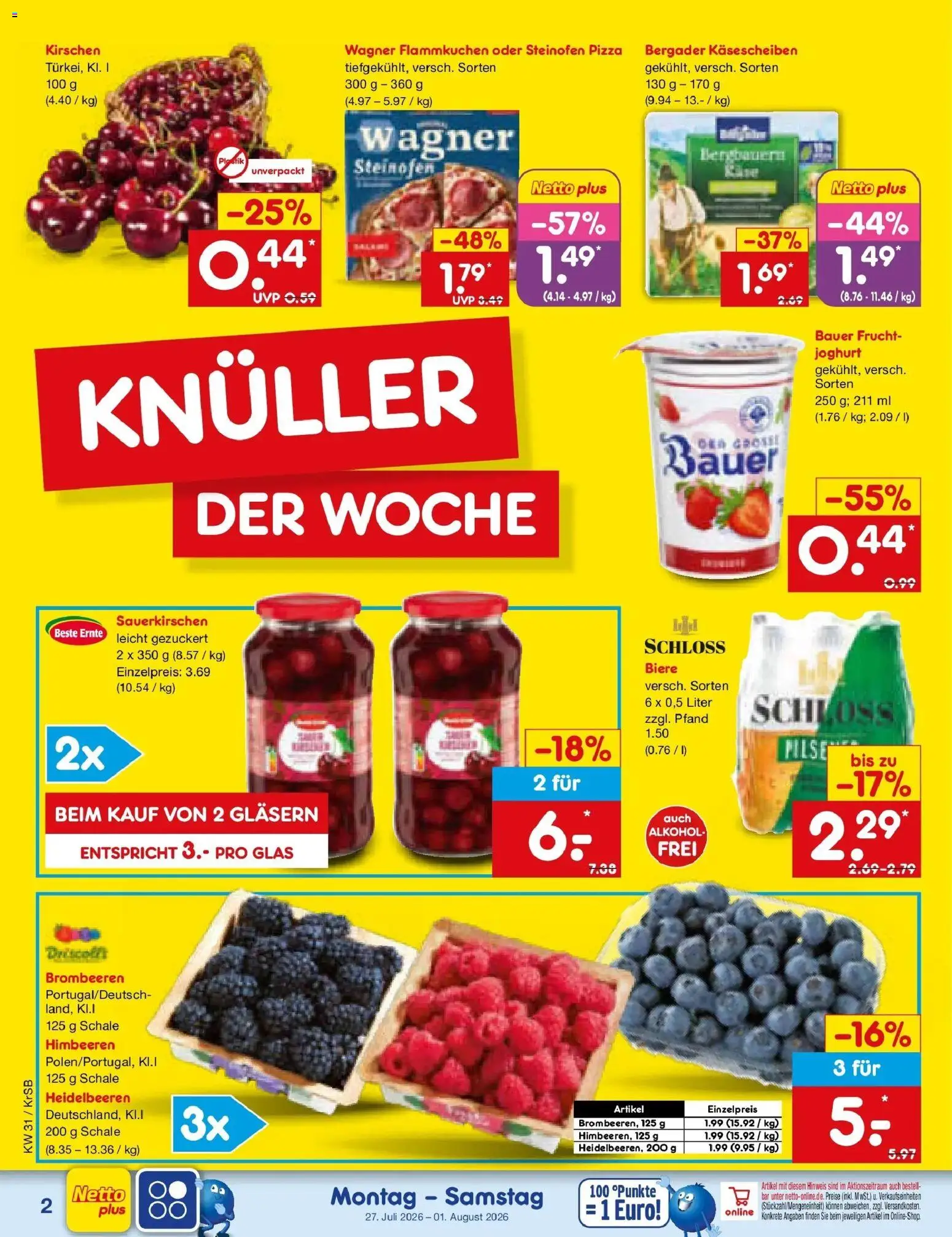 Netto Marken-Discount Prospekt Baesweiler – gültig ab 27.07.2026 | Seite: 2 | Produkte: Himbeeren, Joghurt, Kirschen, Pizza