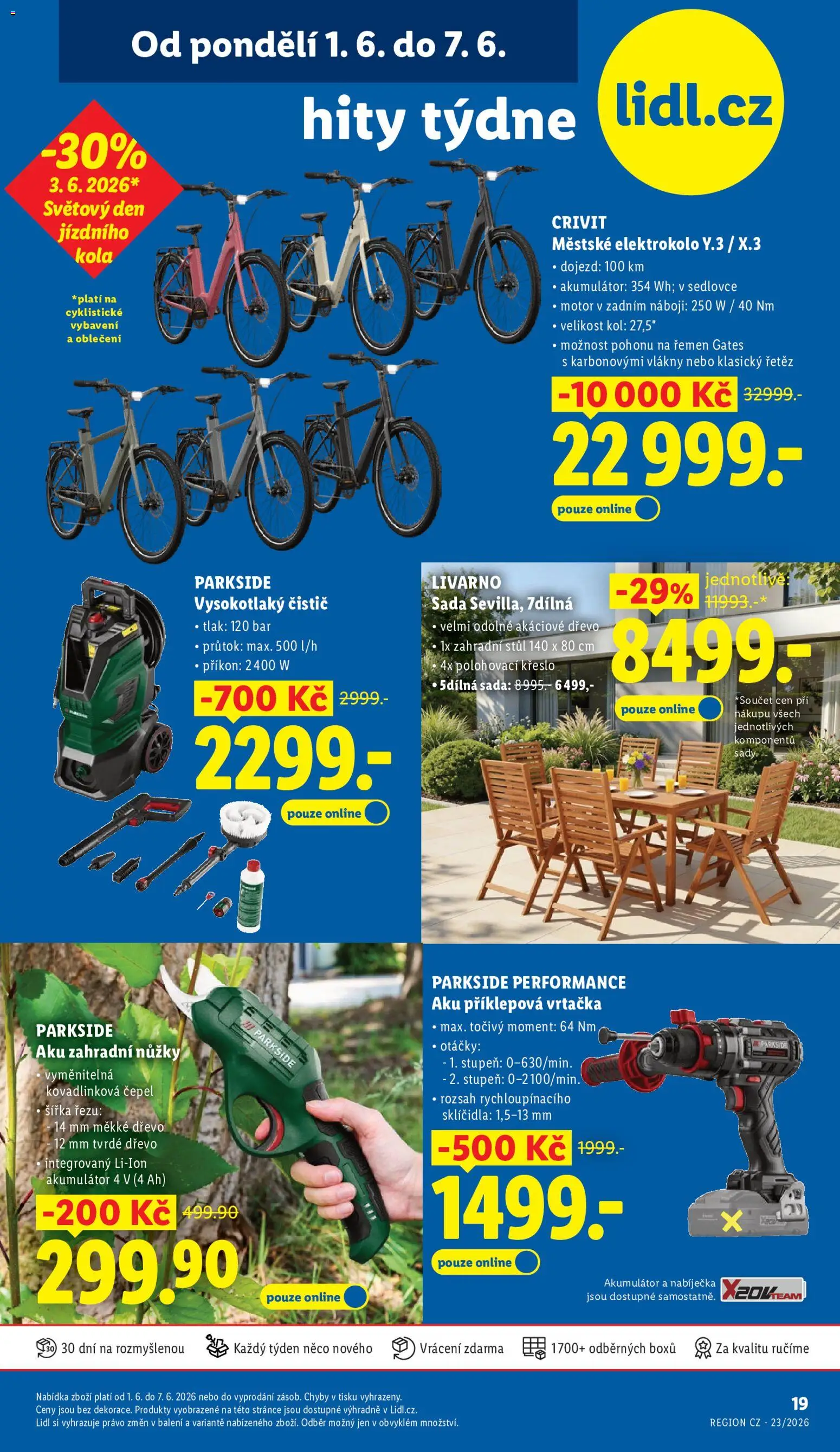 Lidl leták - Hity týdne od 01.06.2026 | Strana: 1 | Produkty: Aku příklepová vrtačka, Elektrokolo, Křeslo, Stůl