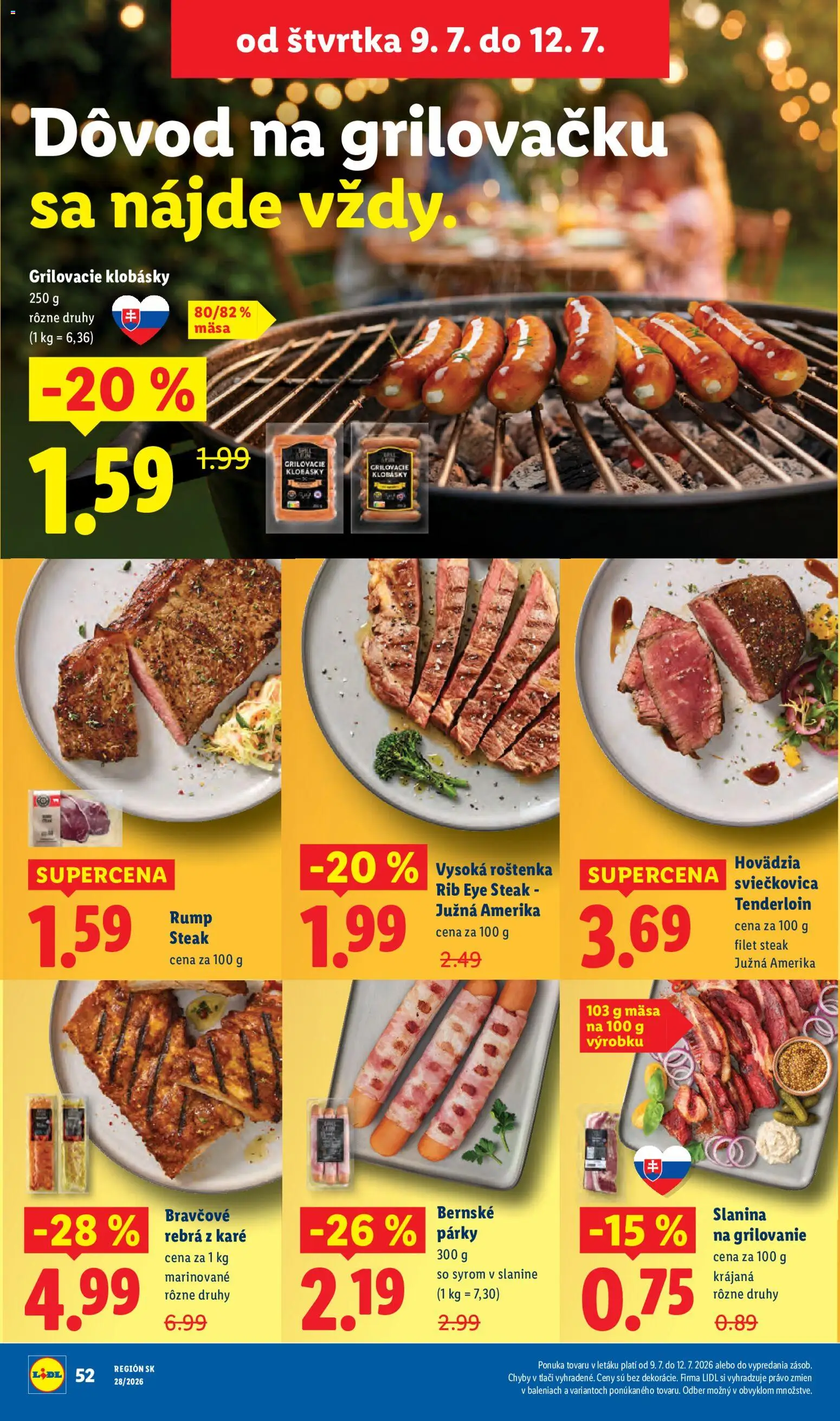 Nové Lidl akcie – leták je platný od 06.07.2026 | Strana: 72 | Produkty: Slanina, Párky, Steak