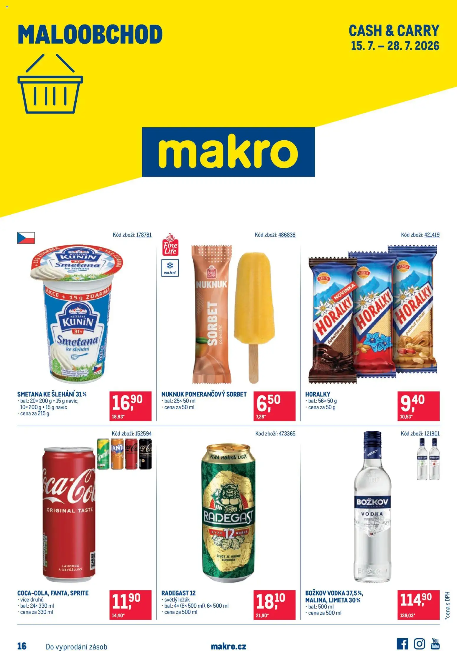 Makro leták - Maloobchod od 15.07.2026 | Strana: 1 | Produkty: Horalky, Smetana ke šlehání, Sprite, Sorbet