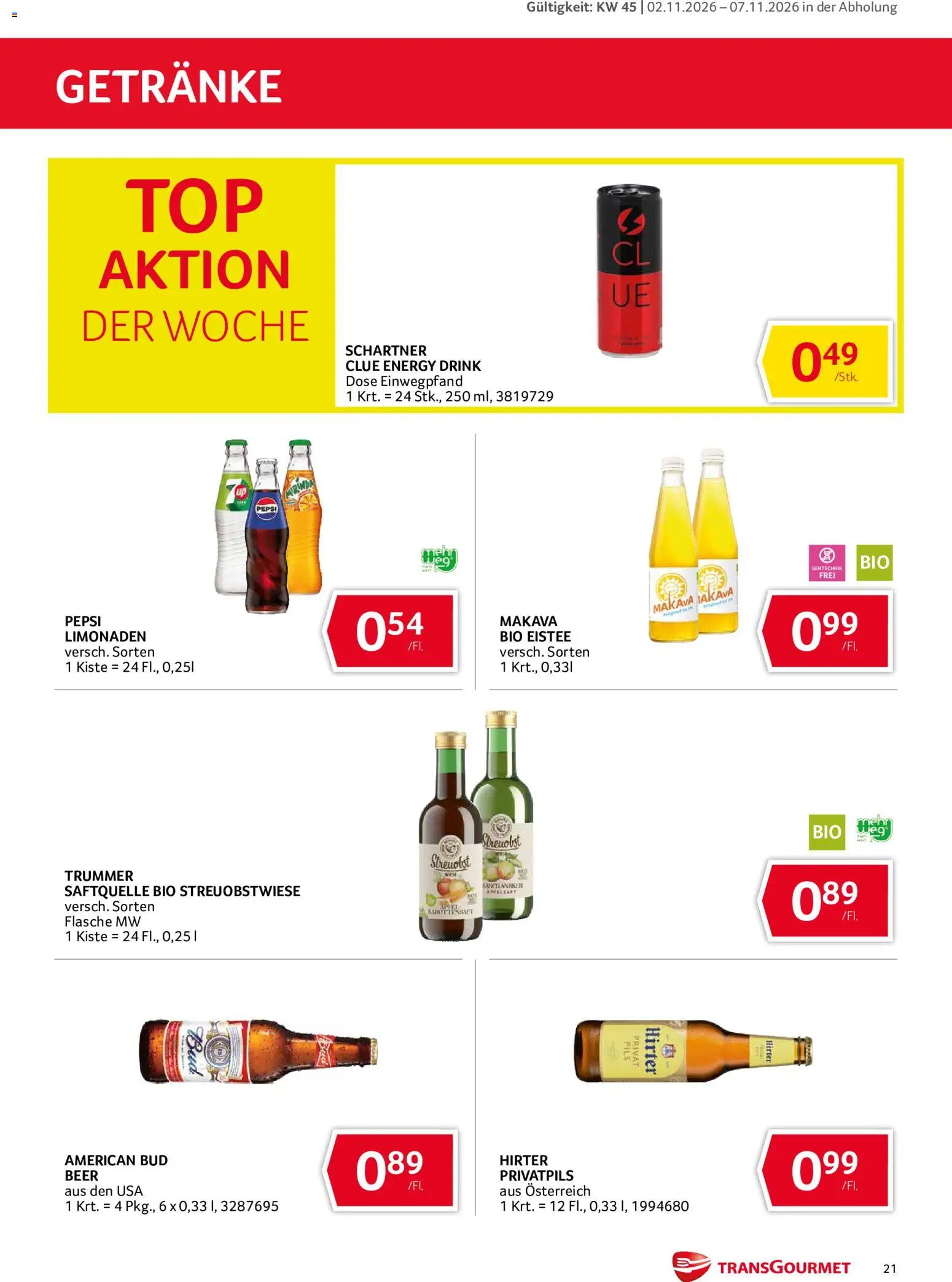 Transgourmet Abhol Aktion gültig ab 02.11.2026 | Seite: 21 | Produkte: Getränke, Apfelsaft, Pepsi