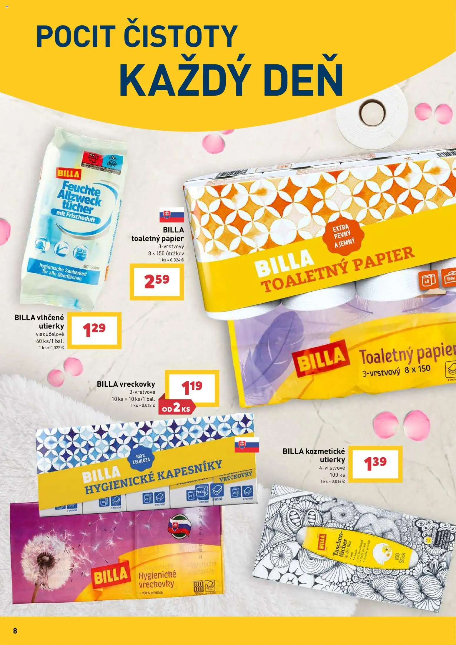 Nové Billa akcie – leták je platný od 09.09.2026 | Strana: 8 | Produkty: Toaletný papier, Vreckovky, Utierky