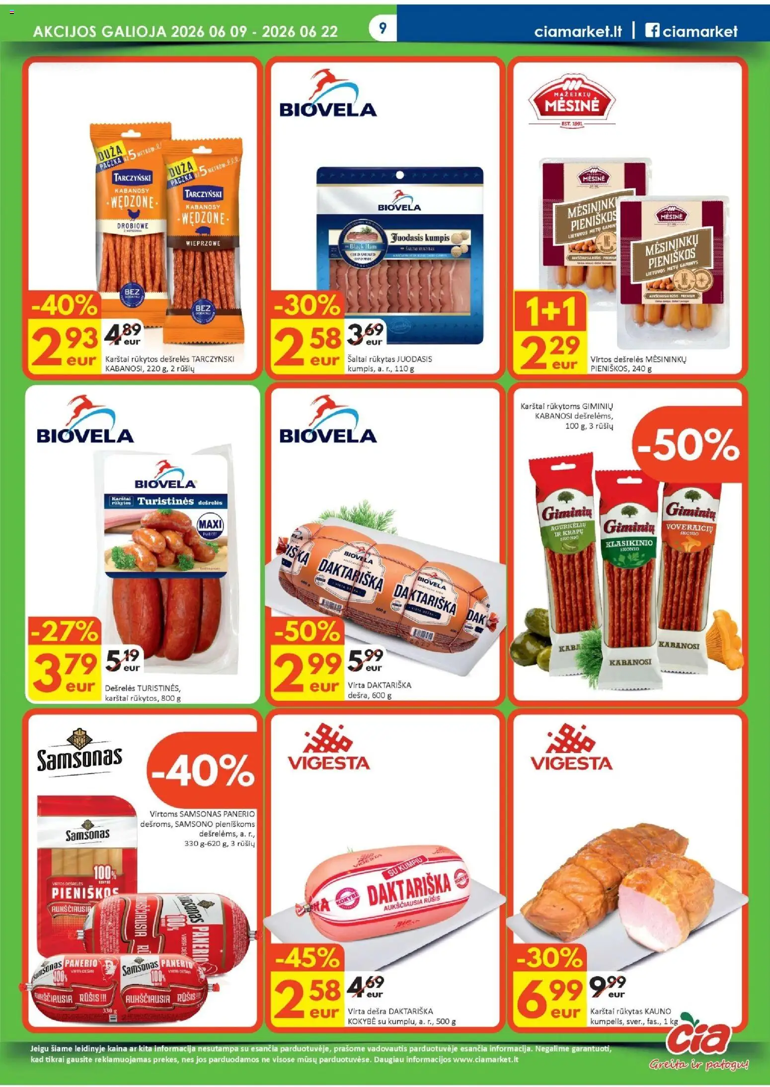 ČIA MARKET akcijos nuo 09.06.2026 | Puslapis: 9 | Prekių: Dešrelės, Kumpis, Dešra
