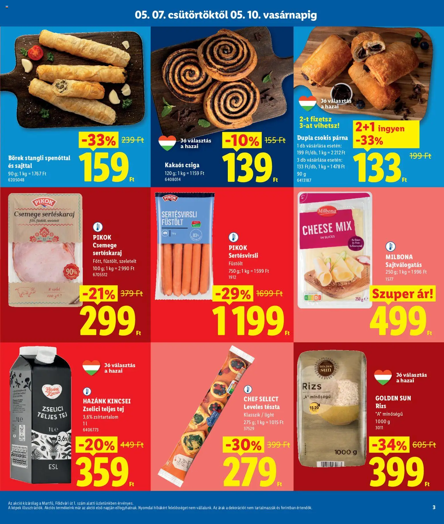 Lidl akciós ujság - amely érvényes a következő dátumtól: 07.05.2026 | Oldal: 3 | Termékek: Sertéskaraj, Párna, Tészta, Kakaós csiga