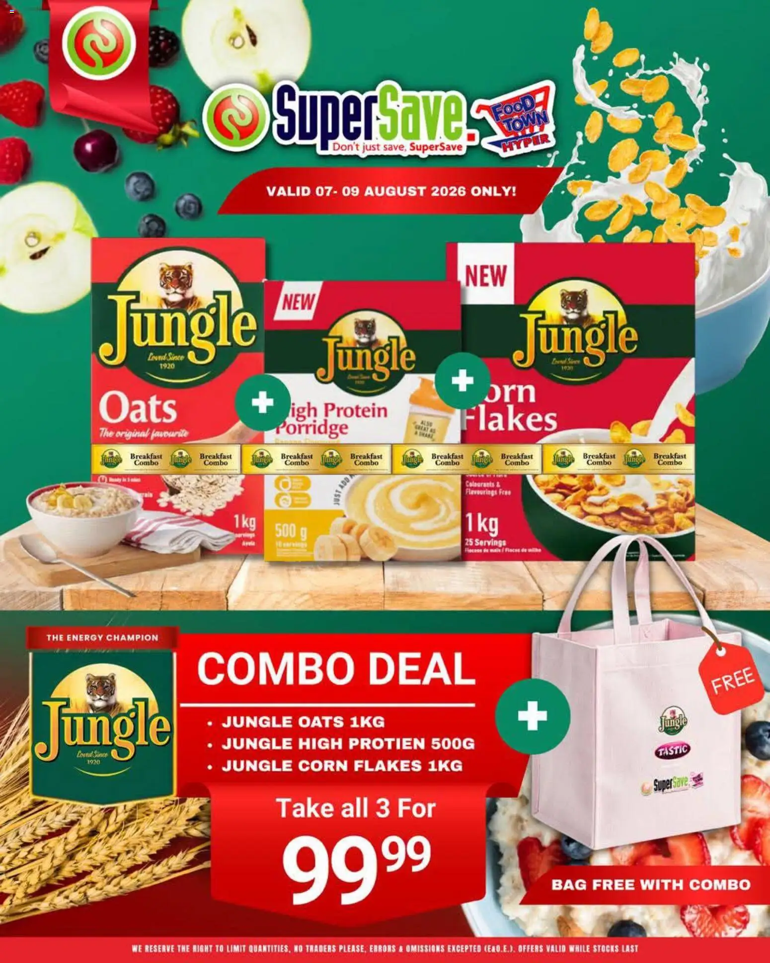 New Super Save catalogue – valid from 07/08/2026 | Page: 1 | Products: Corn, Bag, Detergente líquido, Oats
