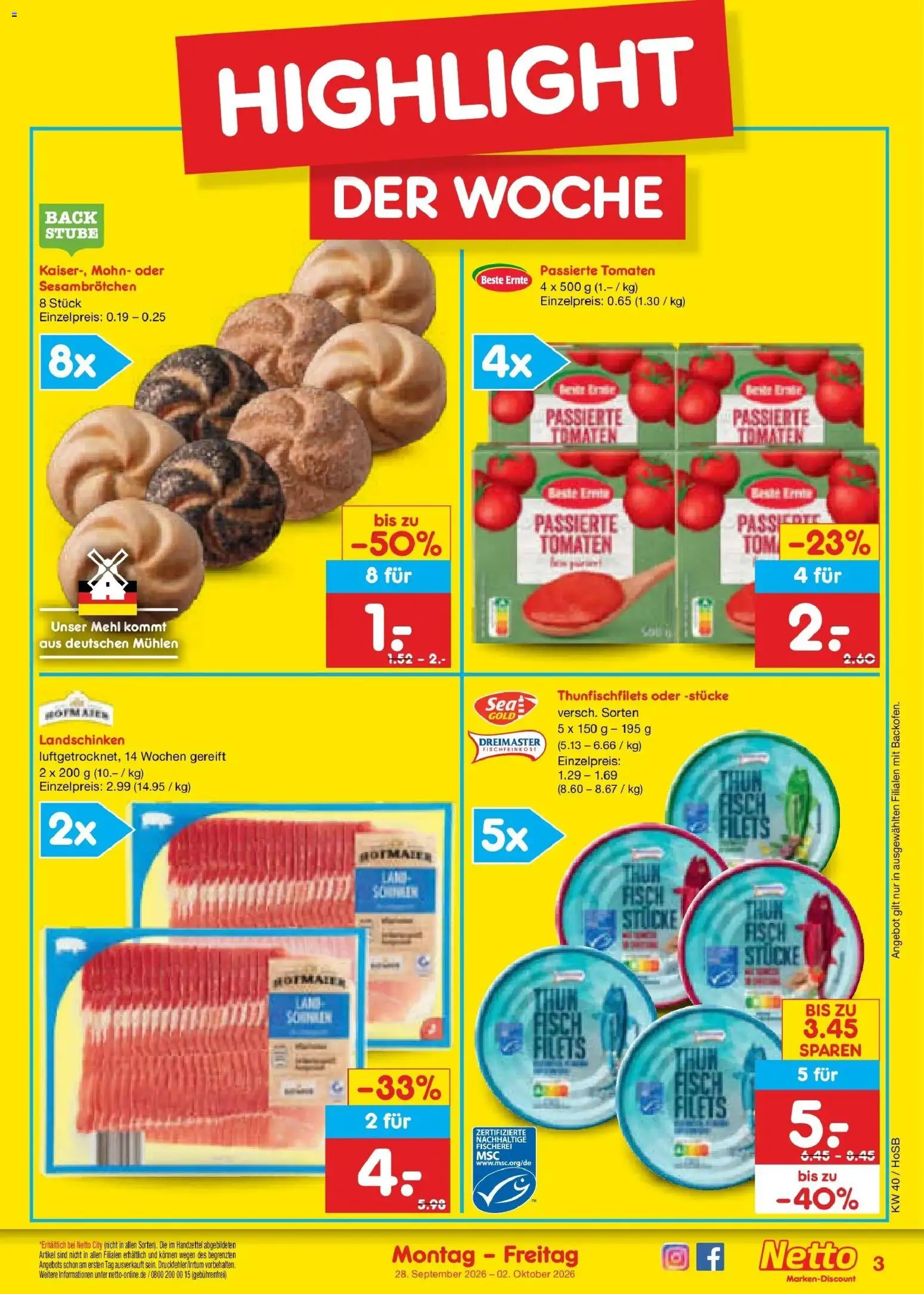 Netto Marken-Discount Prospekt Hannover – gültig ab 28.09.2026 | Seite: 3 | Produkte: Mehl, Tomaten, Fisch